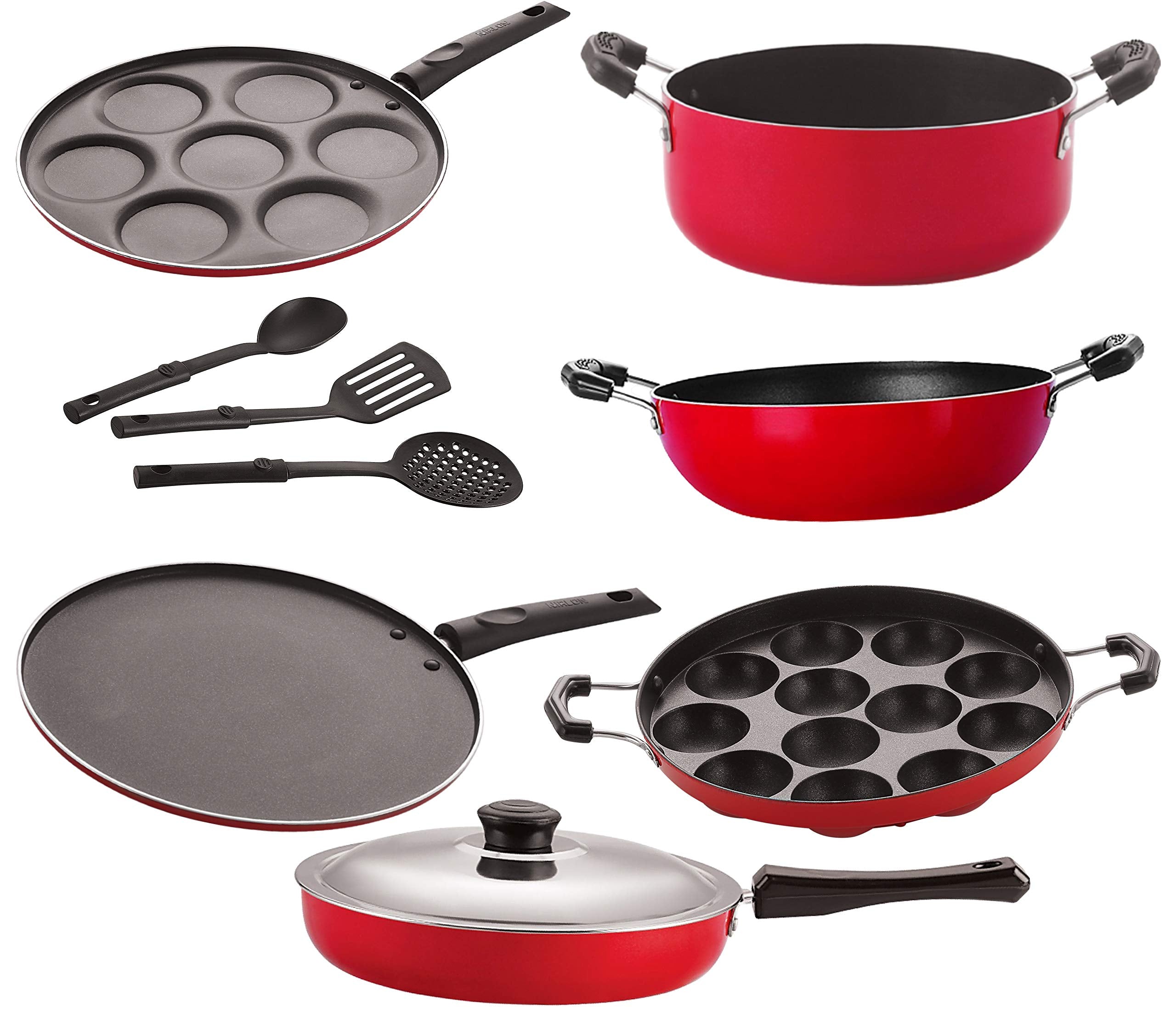 Nirlon Non Stick NonInduction Aluminium Kitchen Essential With Bakelite Handle Cookware Set9 Pieces [26_Fp12_Kd12_Ap_Up_Cass20