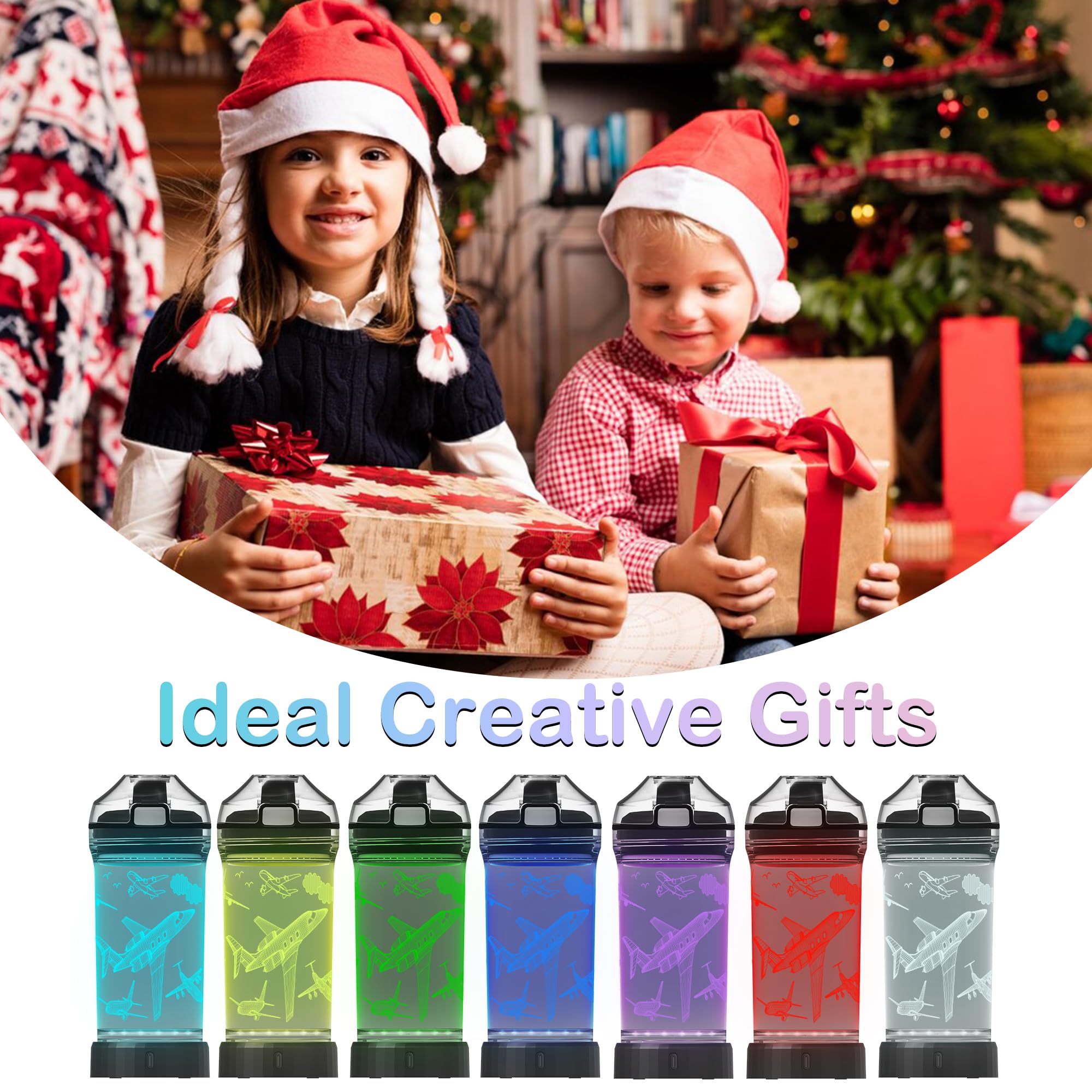 Kids Water Bottle, Airplane-themed Light-Up Sport Cup with 3D Glowing LED Airplane Light - 14 OZ Tritan BPA-Free - Gifts for Sch