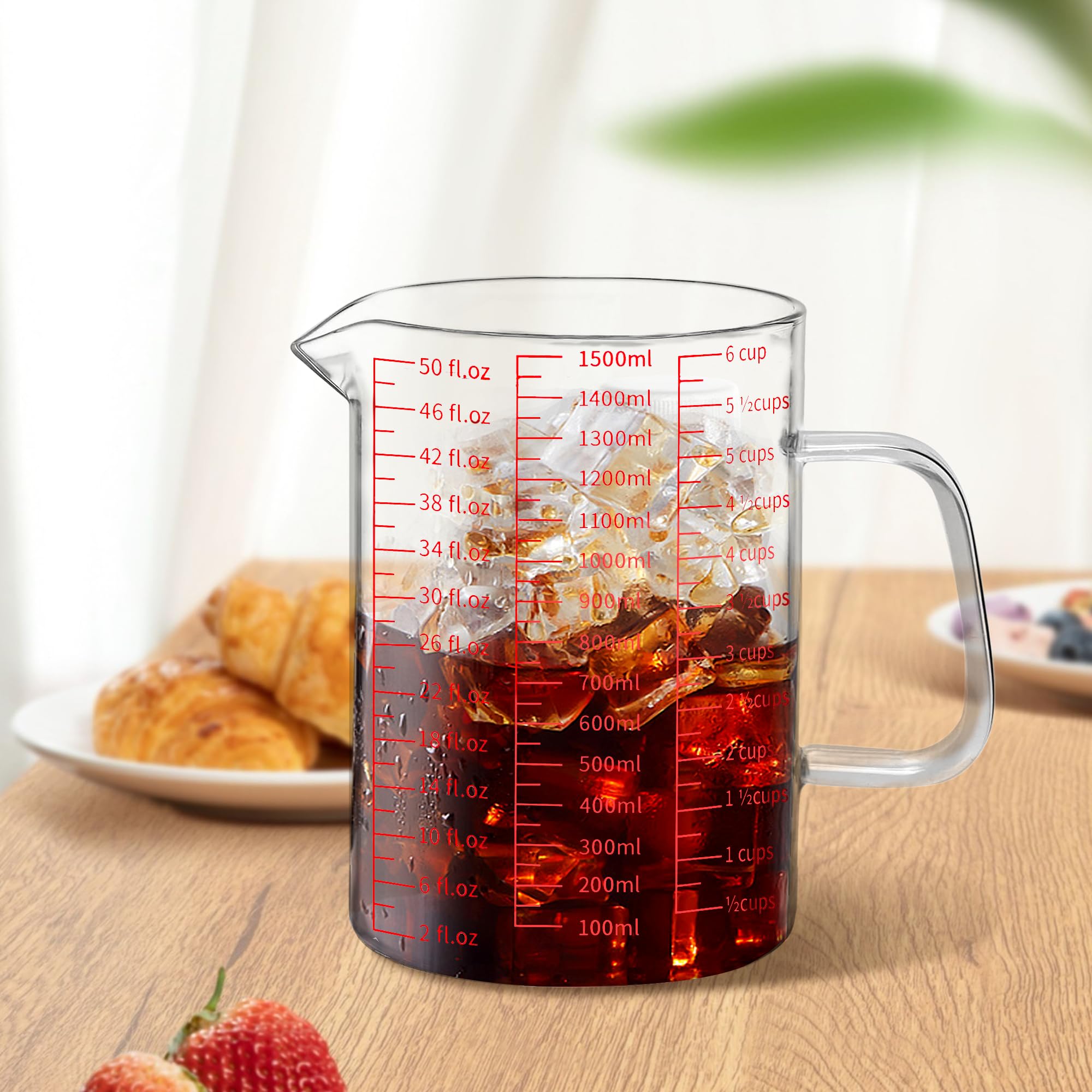 Luvan 50oz/6 Cups Glass Measuring Cup  Easy to Read with 3 measurement scales (Ml/Oz/Cup)  Insulated Handle and V-shaped Spout  High Borosilicate Glass Measuring Cup  Ideal for Kitchen or Restaurant