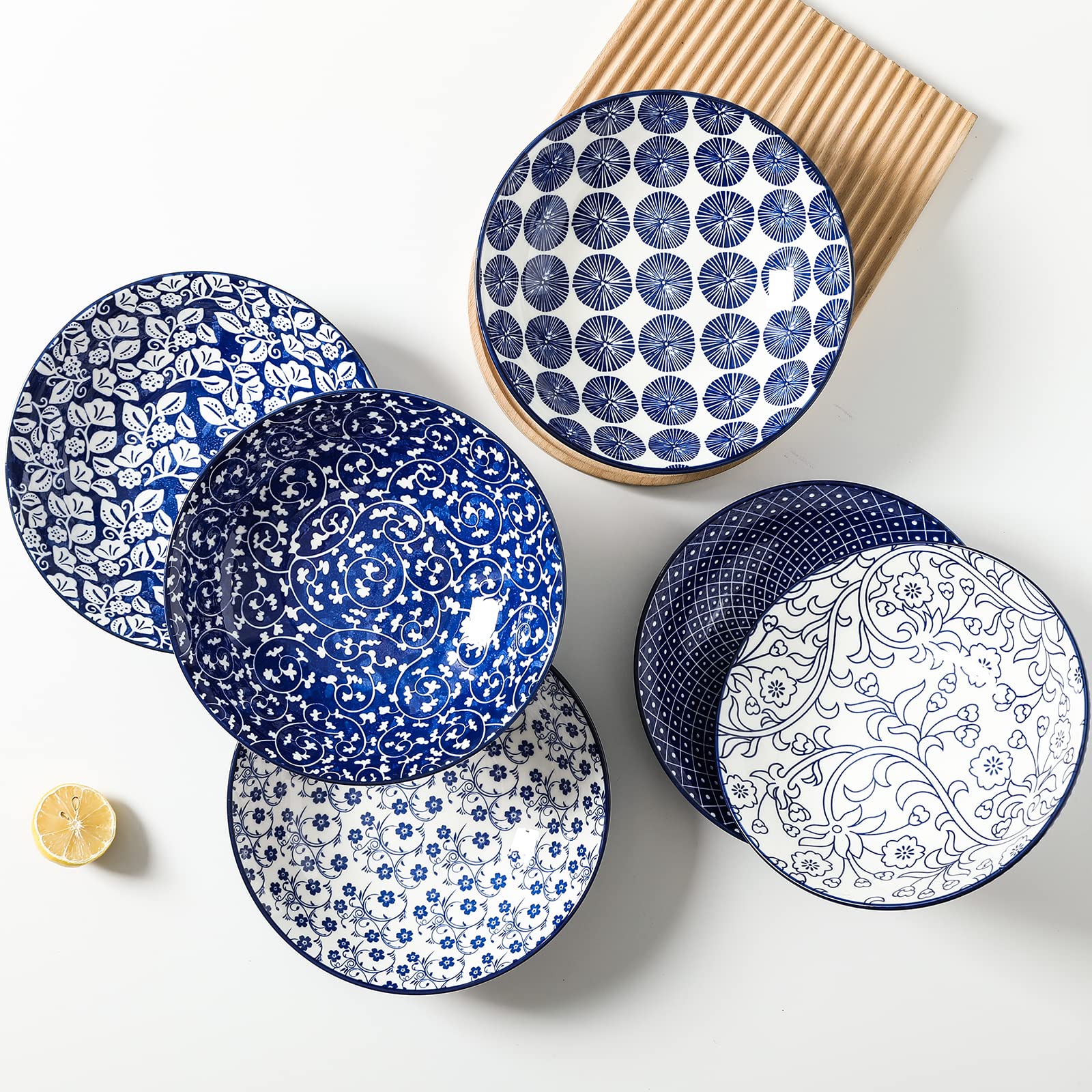 Selamica Porcelain 40Oz Large Bowls 9 Inch Big Pasta Salad Bowls, Microwave And Oven Safe, Vintage Blue, Set Of 6