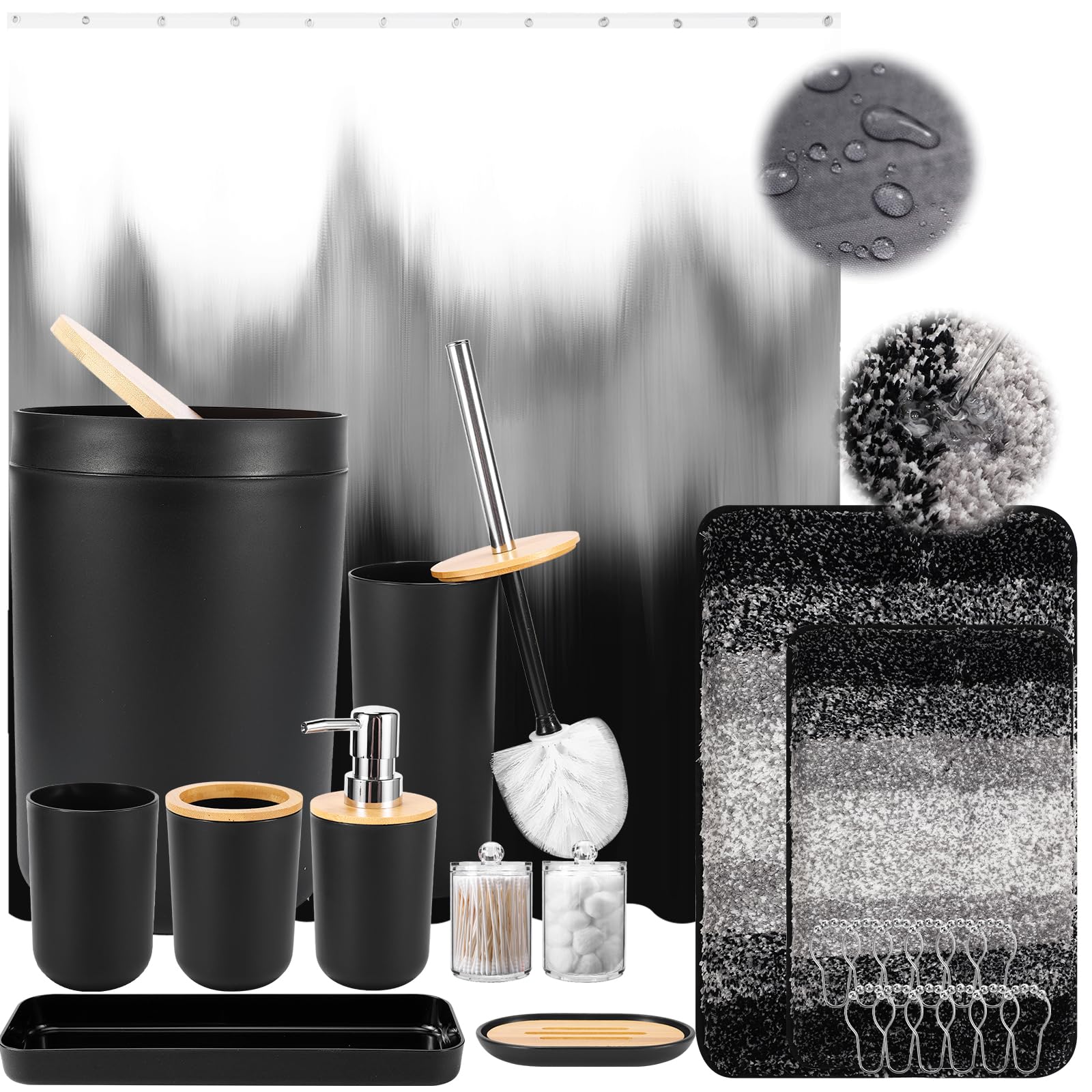 Imucci Bathroom Accessories Black Bathroom Sets With Shower Curtain And Rug, Black Ombre Waterproof Shower Curtain With Ultra Ab