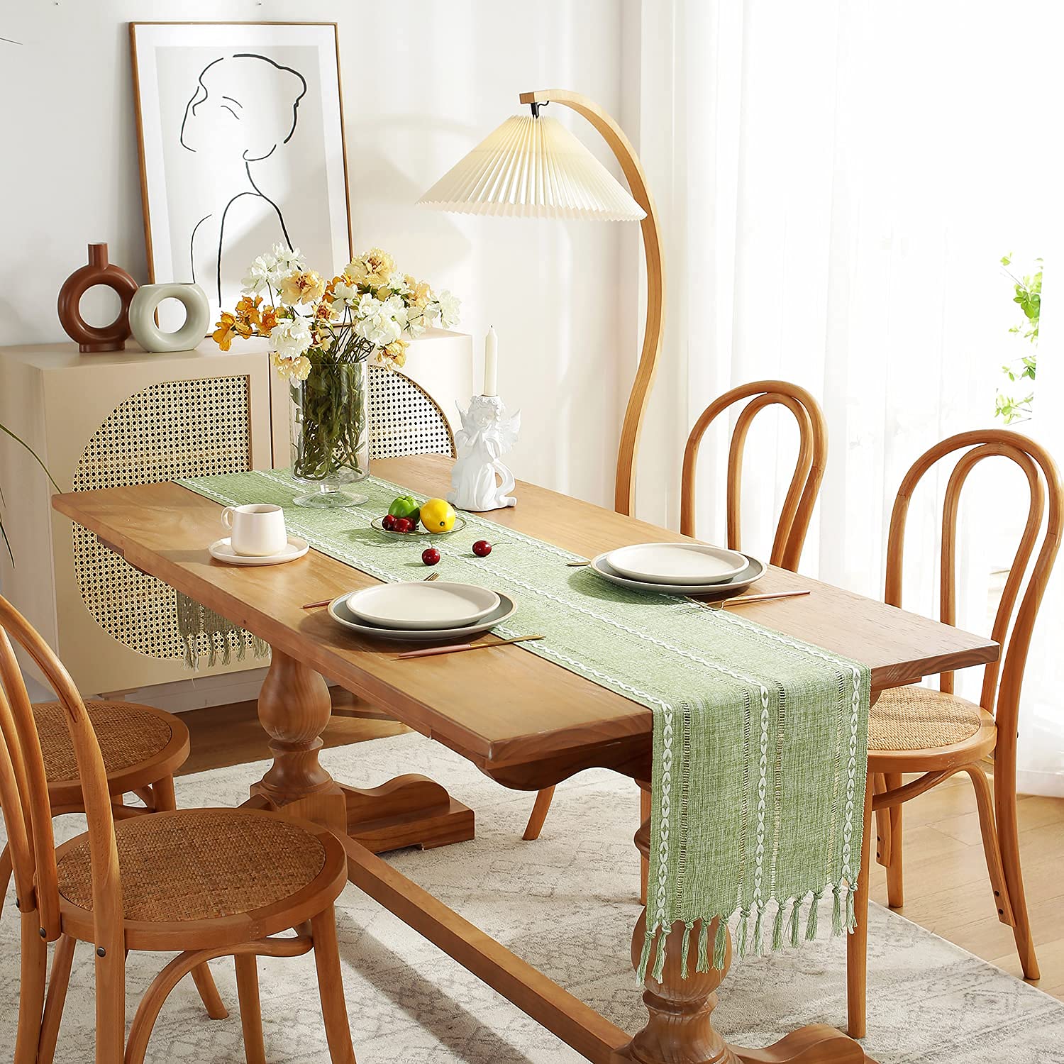 Chassic Rustic Farmhouse Style Linen Table Runner, Boho Handmade Tassel Embroidered Table Runners 72 Inches Long For Holiday Par