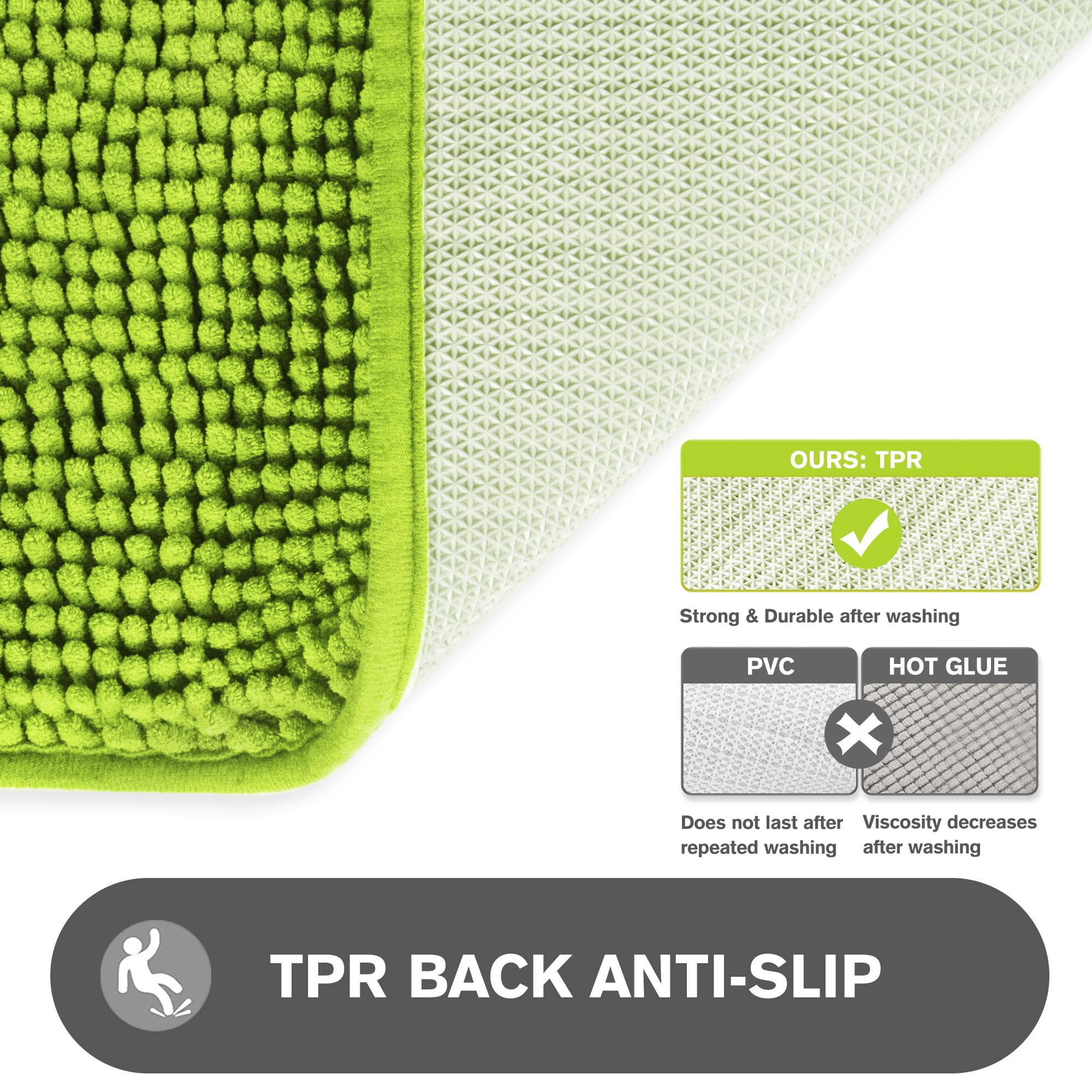 Pureswan Lime Green 47 X 17 Bathroom Rugs - Absorbent And Washable Bath Mat, Non-Slip, Thick Soft Chenille Bath Rugs For Bathroo