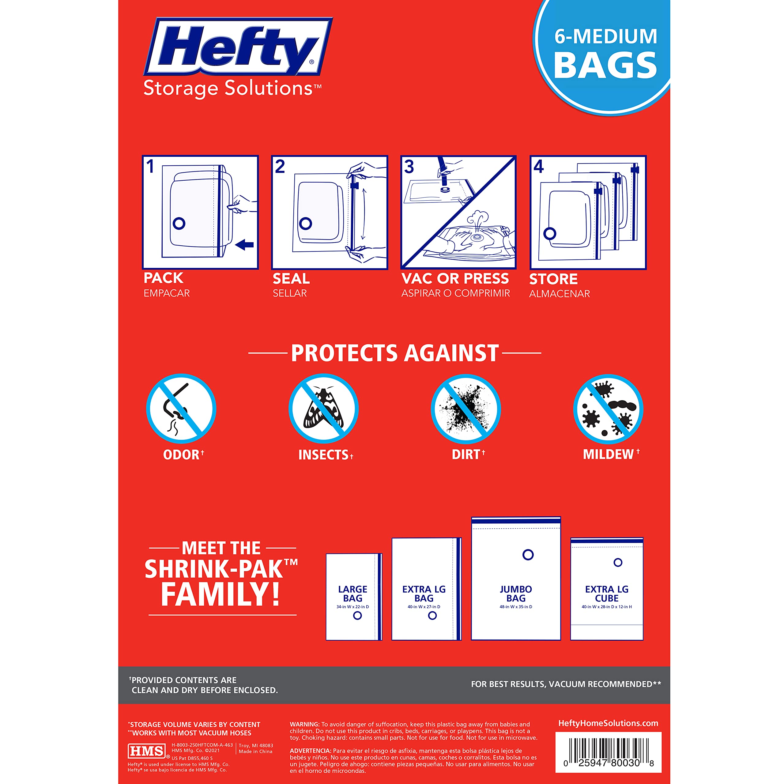Hefty Shrink-Pak Vacuum Storage Bags - Space Saver Vacuum Storage Bags For Under Bed Storage, Clothing And Comforter Storage, 3X