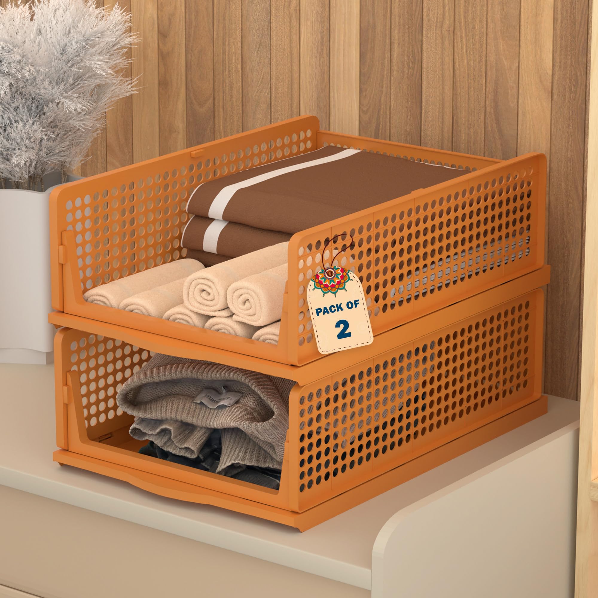 Kuber Industries 2 Pcs Plastic Stackable Cloth Organizer For Storage | Foldable Clothes Rack For Wardrobe | Almirah & Cupboard O
