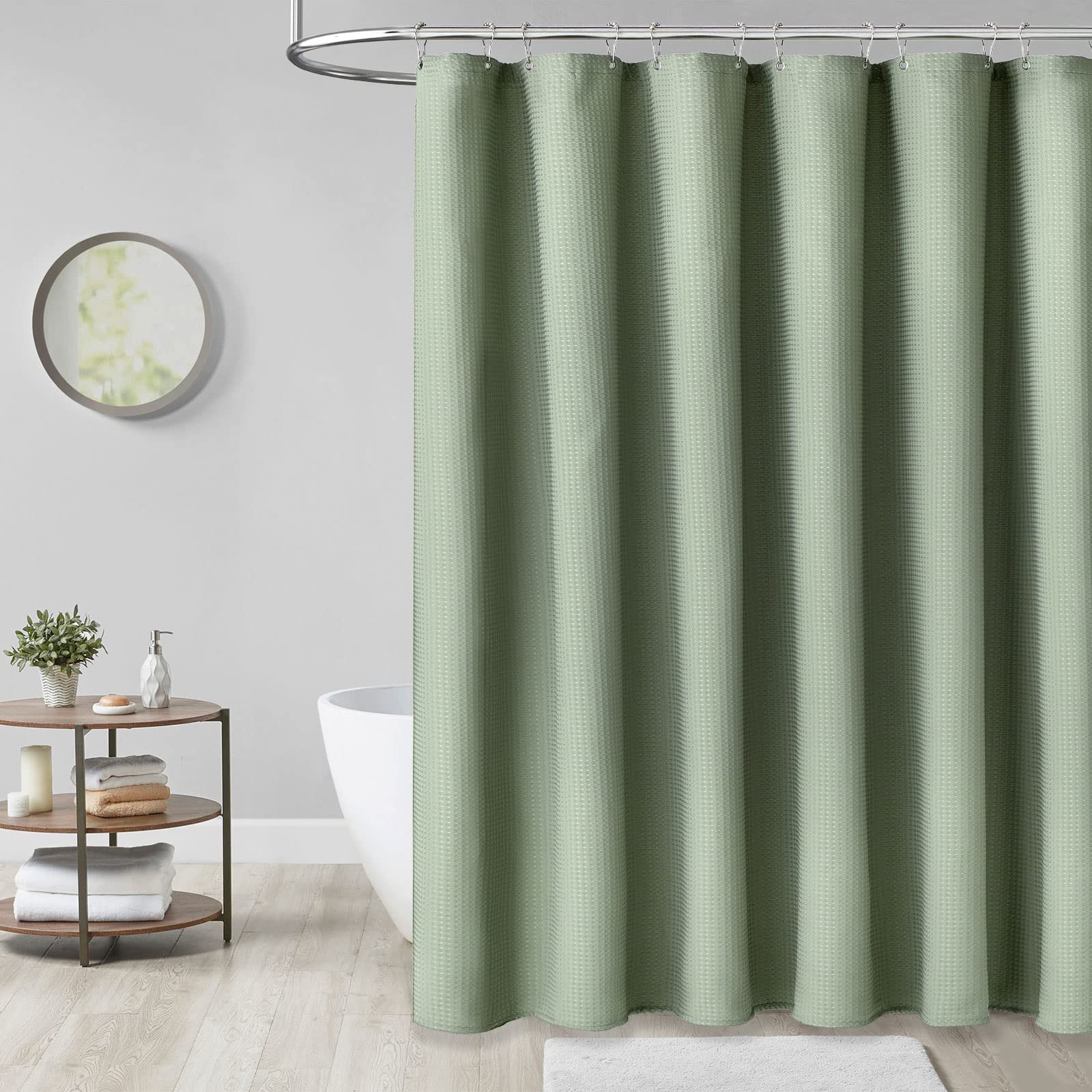 Dynamene Stall Fabric Shower Curtain - 36x72 Waffle Weave Weighted Cloth Shower Curtains for Bathroom  Neutral Heavy Duty Hotel Spa Luxury Bath Curtain Set with 6 Plastic Hooks Sage Green