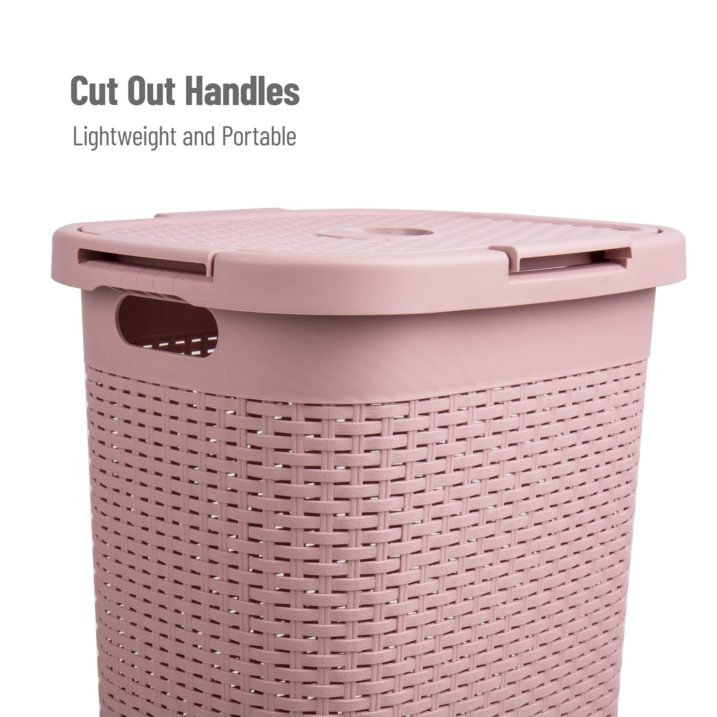 Mind Reader 60L Slim Laundry Hamper, Clothes Basket, Lid, Wicker Style, Plastic, 17.65''L X 13.75''W X 24.15''H, Set Of 2, Pink