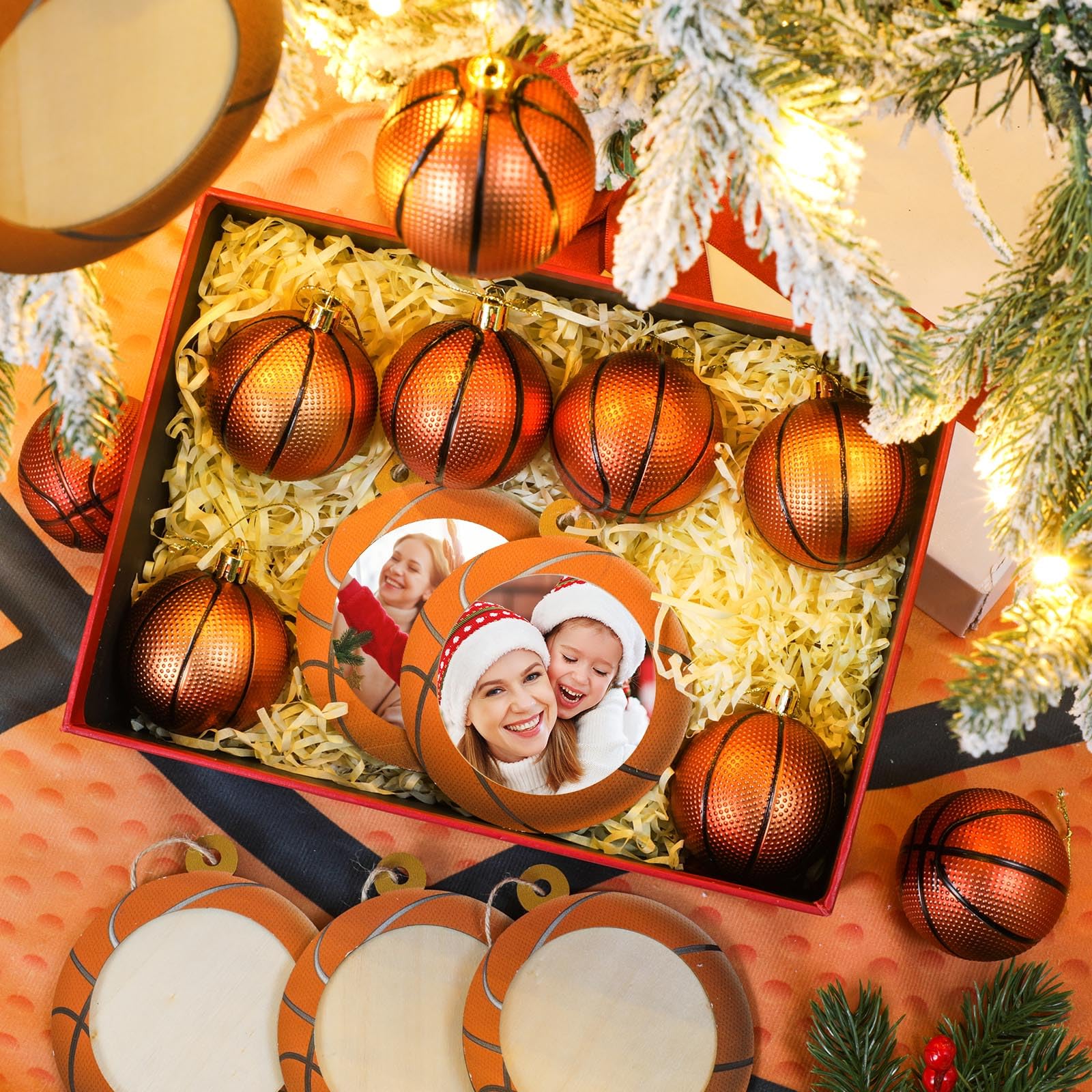 Syhood 26 Pcs Basketball Christmas Decor Set Include 12 Sports Ball Ornaments 36'' Print Christmas Tree Skirt 12 Wooden Mini Spo