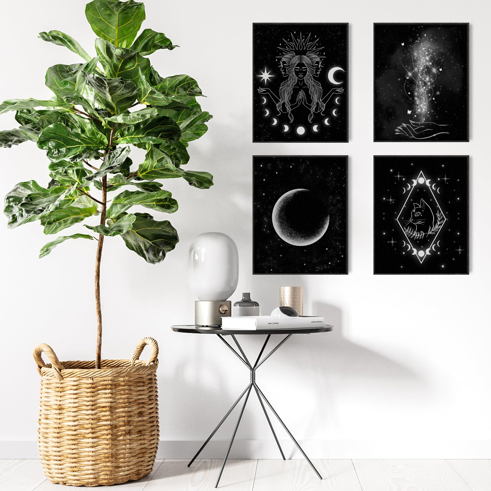 ORIGACH Moon Phases Wall Art Prints  Set of 5  Minimalist Boho Moon Phase Star Witch Wall Prints  Moon Stars Cat Celestial Witch Art Canvas Painting  Gothic Witchy Room Decor  Unframed 8x10in