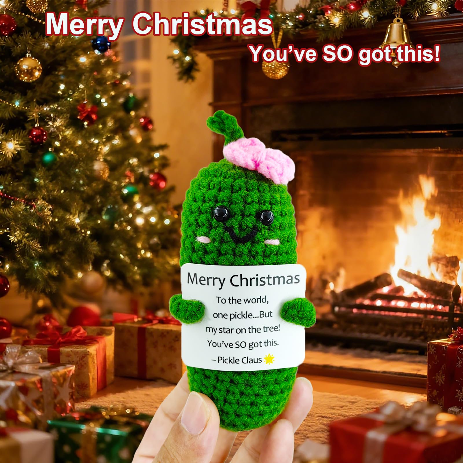 SIMXEHAY Handmade Crochet Merry Christmas Pickle Gift,Funny Festival Wishes Pickle Ornament with Encouragement Cards, Cute Knitt