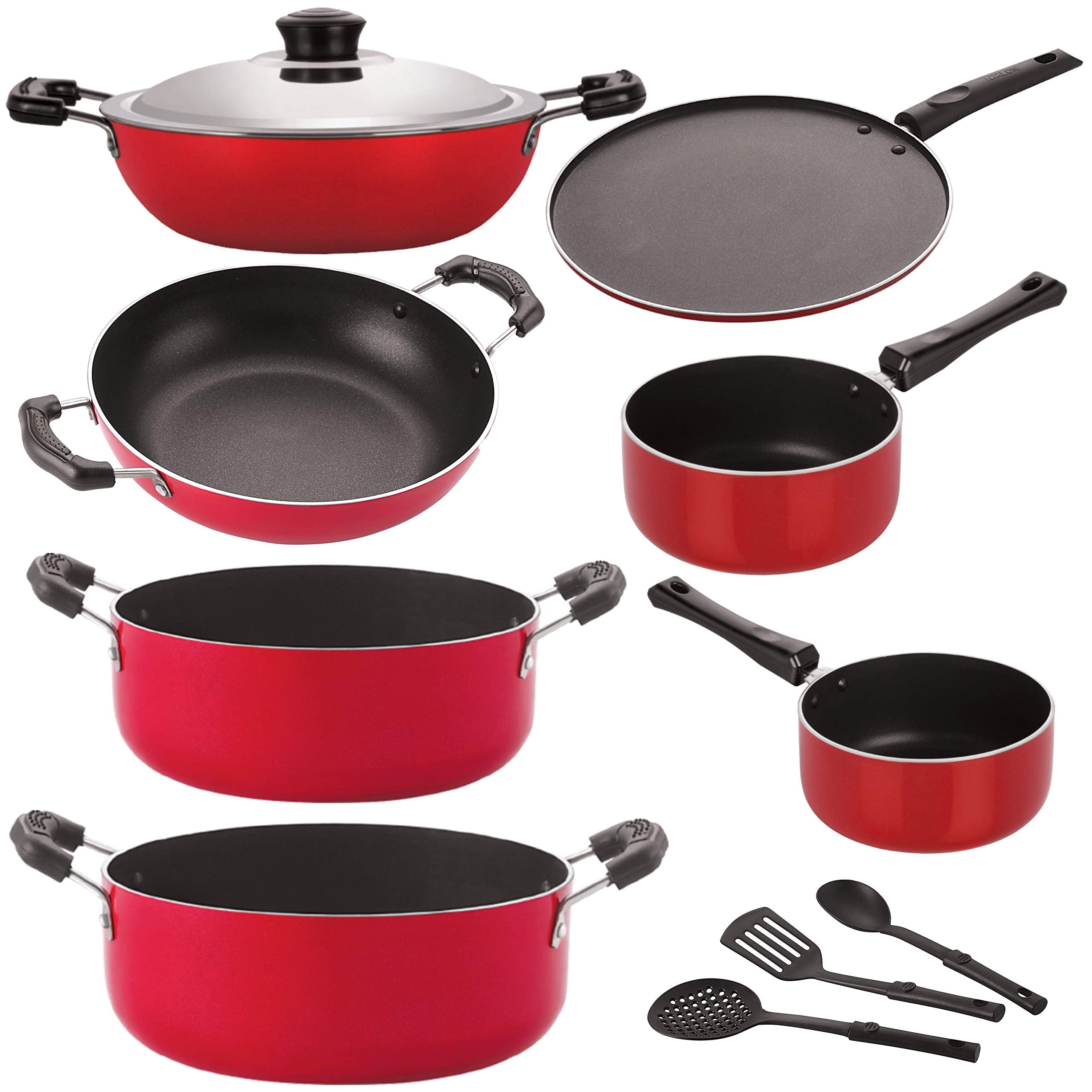 Nirlon NonStick Aluminium Cookware Set Of10 Pieces (2.6Mm_Dkd(J)_Kd14_Sp(B)_Sp(M)_Cs20_Cs22_St11_3Spoon)