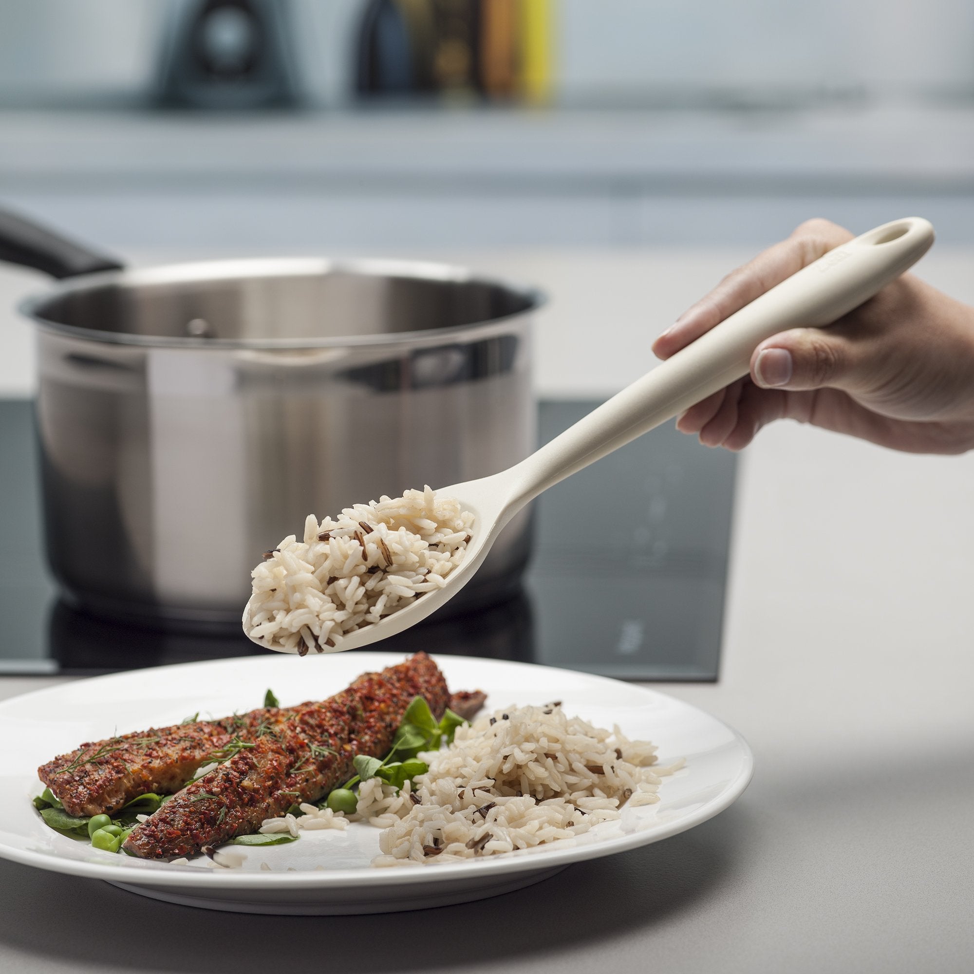 Zeal Scratch Non-Stick Cooking Spoon (28Cm), Silicone, Cream, 11-Inch