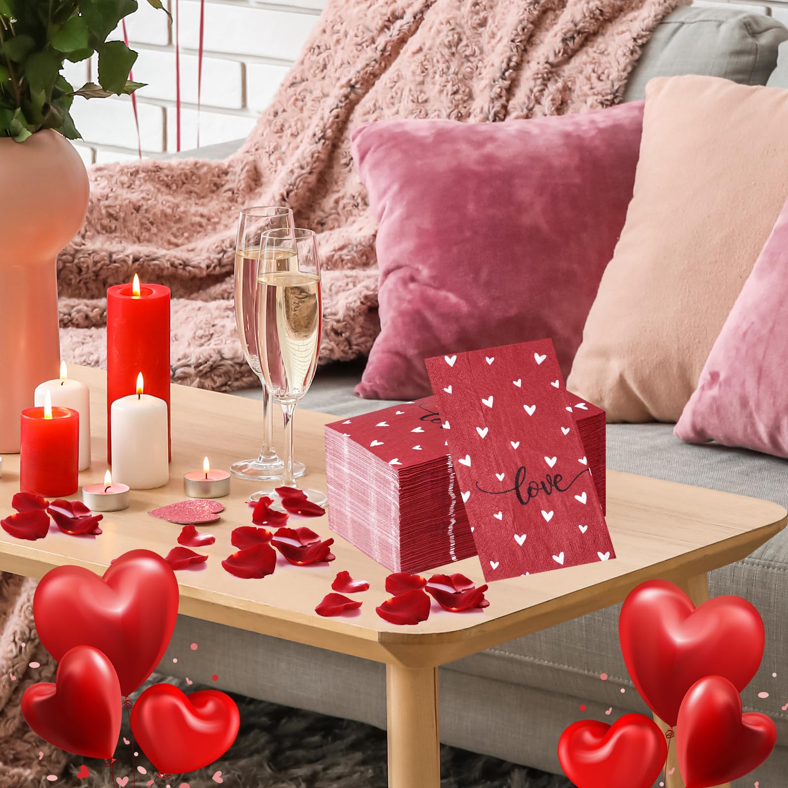 100Pcs Valentines Day Napkins Decorations,Disposable Red Heart Love Sign Paper Dinner Guest Hand Towel Napkins For Valentines Da