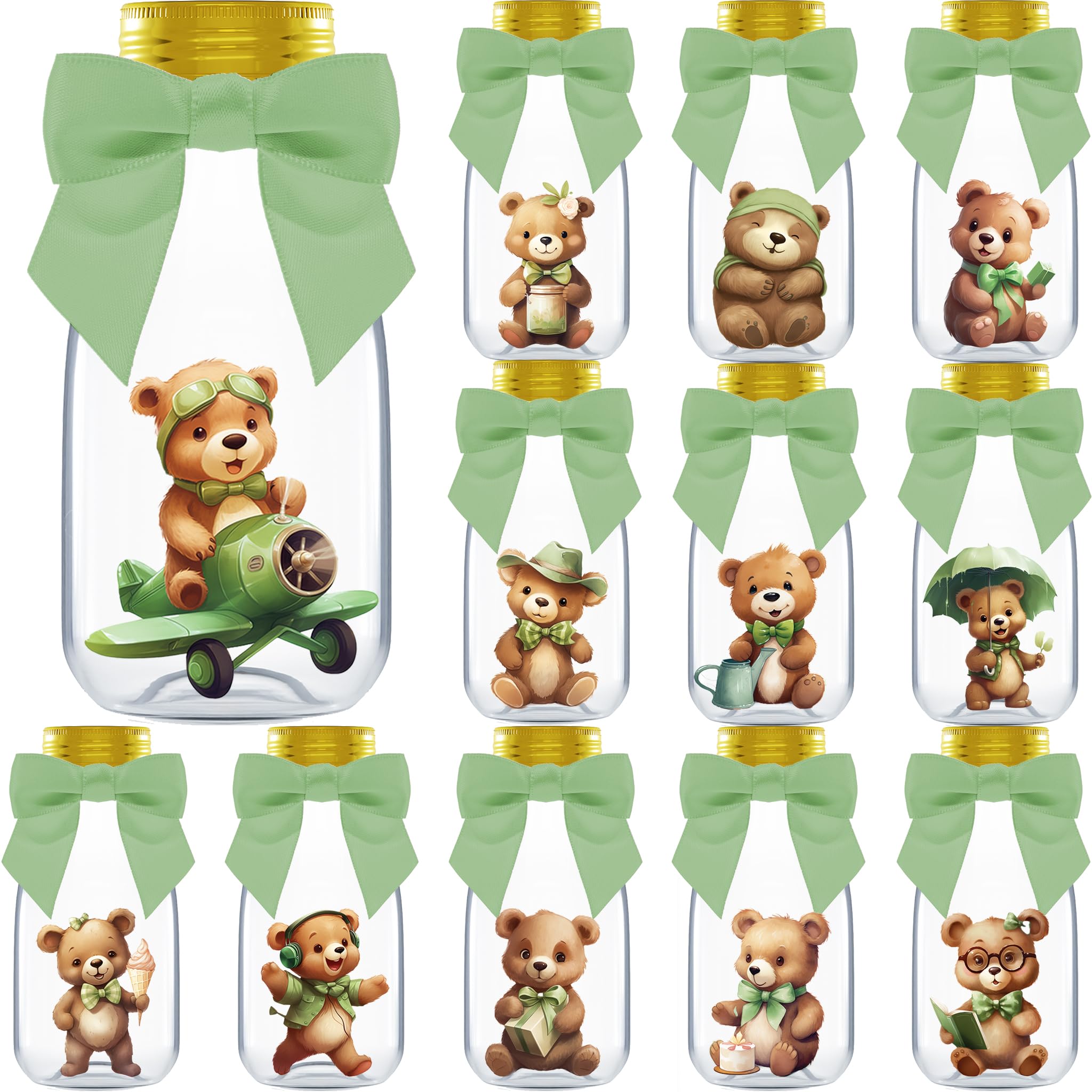 Ethisa Small 12 Pack Woodland We Can Bearly Wait Party Favors - Gender Neutral Jars with Ribbons and Stickers - DIY Sage Green P