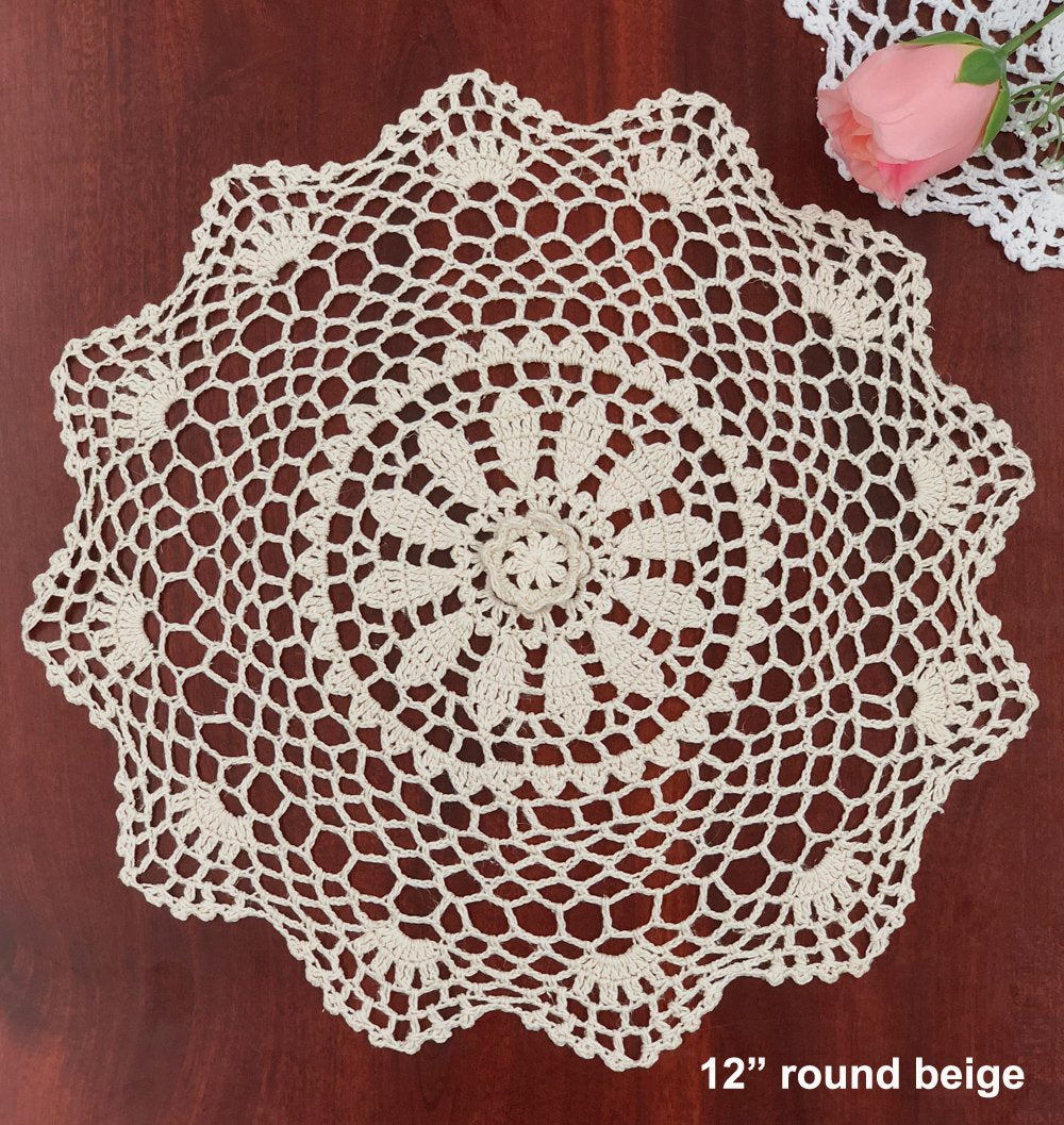 Creative Linens 6Pcs 12'' Round Crochet Lace Doily Beige 100% Cotton Handmade, Set Of 6 Pieces
