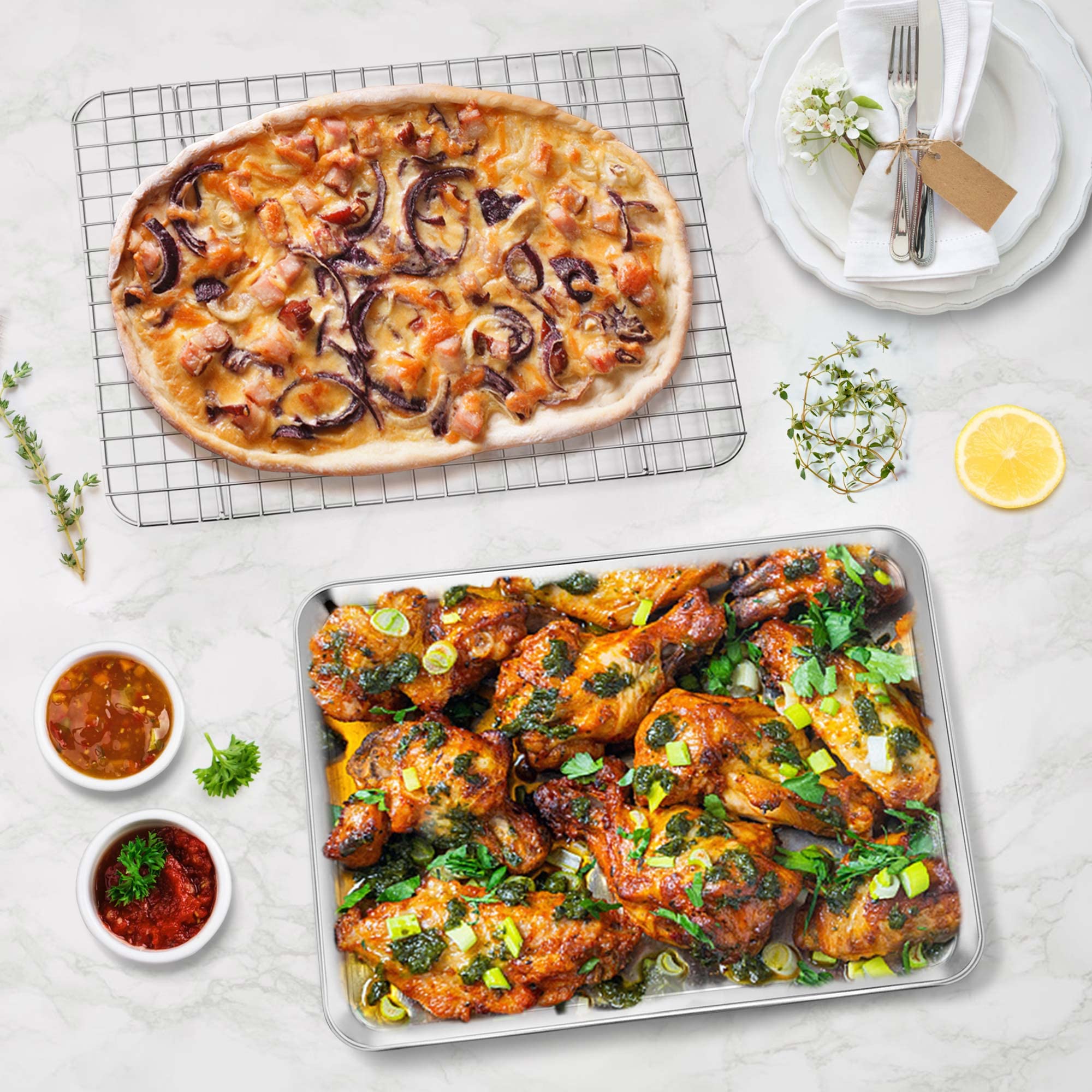 Toaster Oven Pan With Rack Set, Size 12.5 X 9.7 X 1 Inch, P&P Chef Stainless Steel Baking Pan Oven Tray And Grid Rack For Cookin