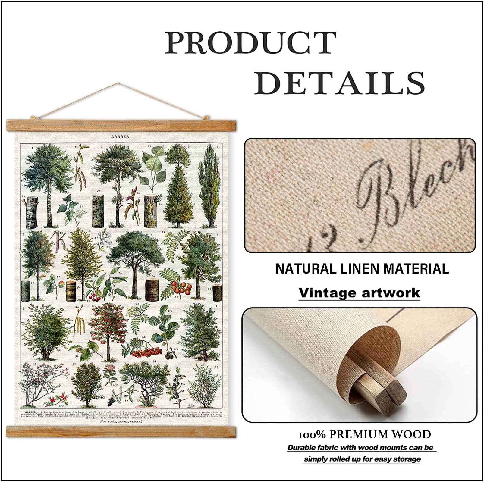 Vintage Forest Poster Hanger Frame, Retro Style Of Wall Art Prints, Printed On Linen With Natural Wooden Frames, Illustrative Re