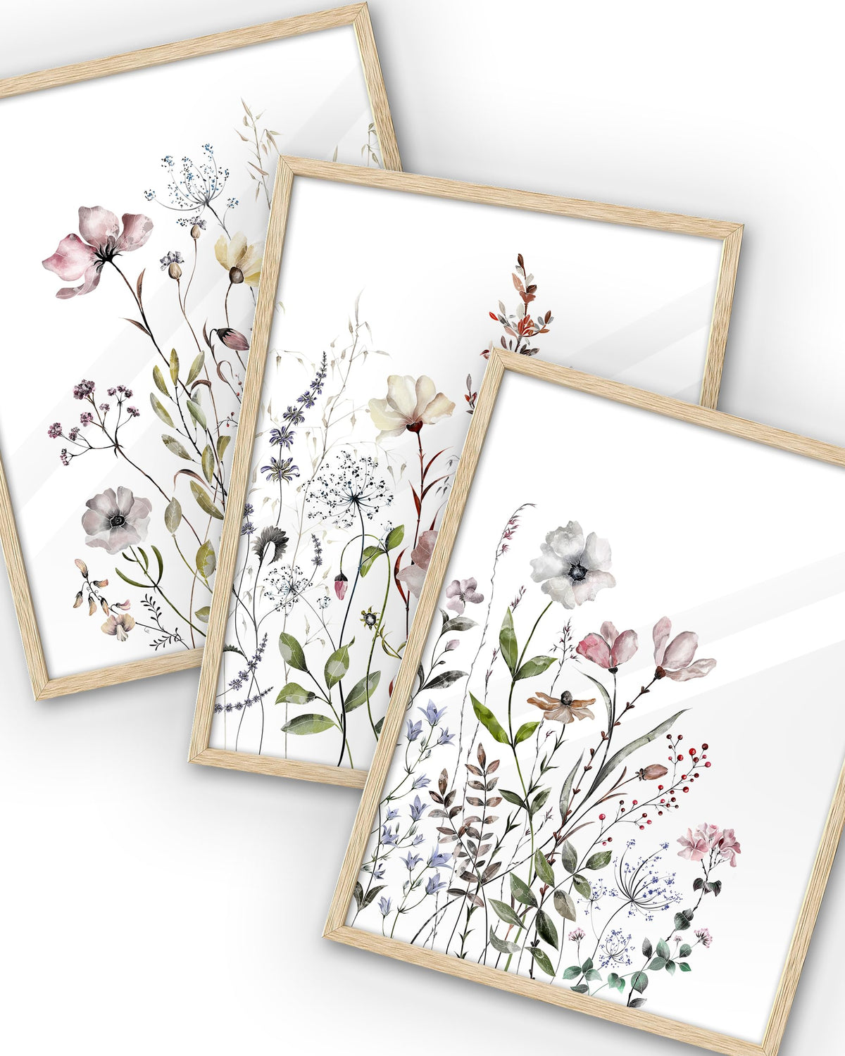 Ihery Natural Oak Wood Framed Combined Floral Wall Art, 12X16 In Set Of 3 Colorful Wildflower Canvas Prints, Beige Narrow Frame