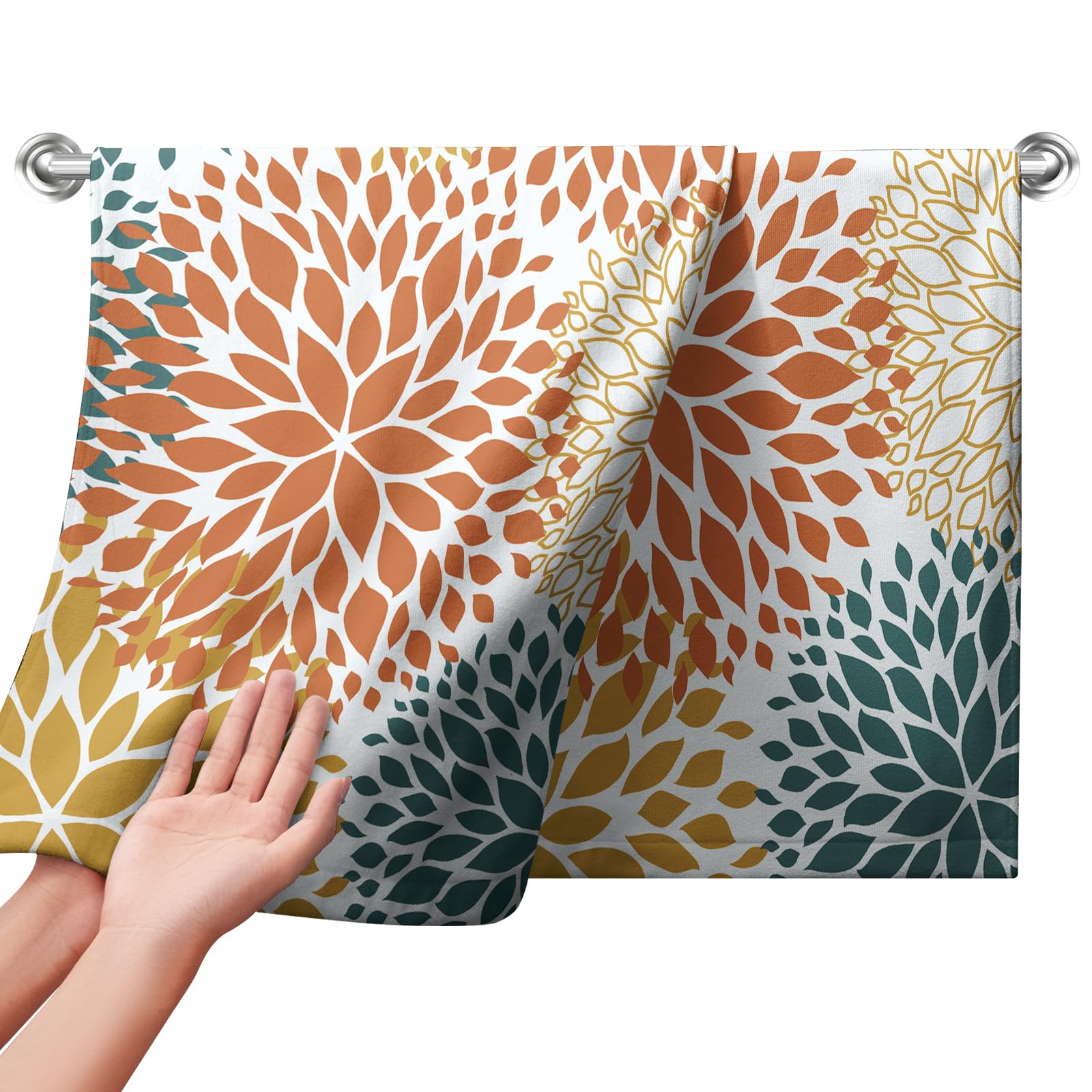 Lealeg Dahlia Floral Hand Towel Set Of 2 Orange And Yellow Flower Kitchen Dish Towels Abstract Geometric Tea Towel Spring Green