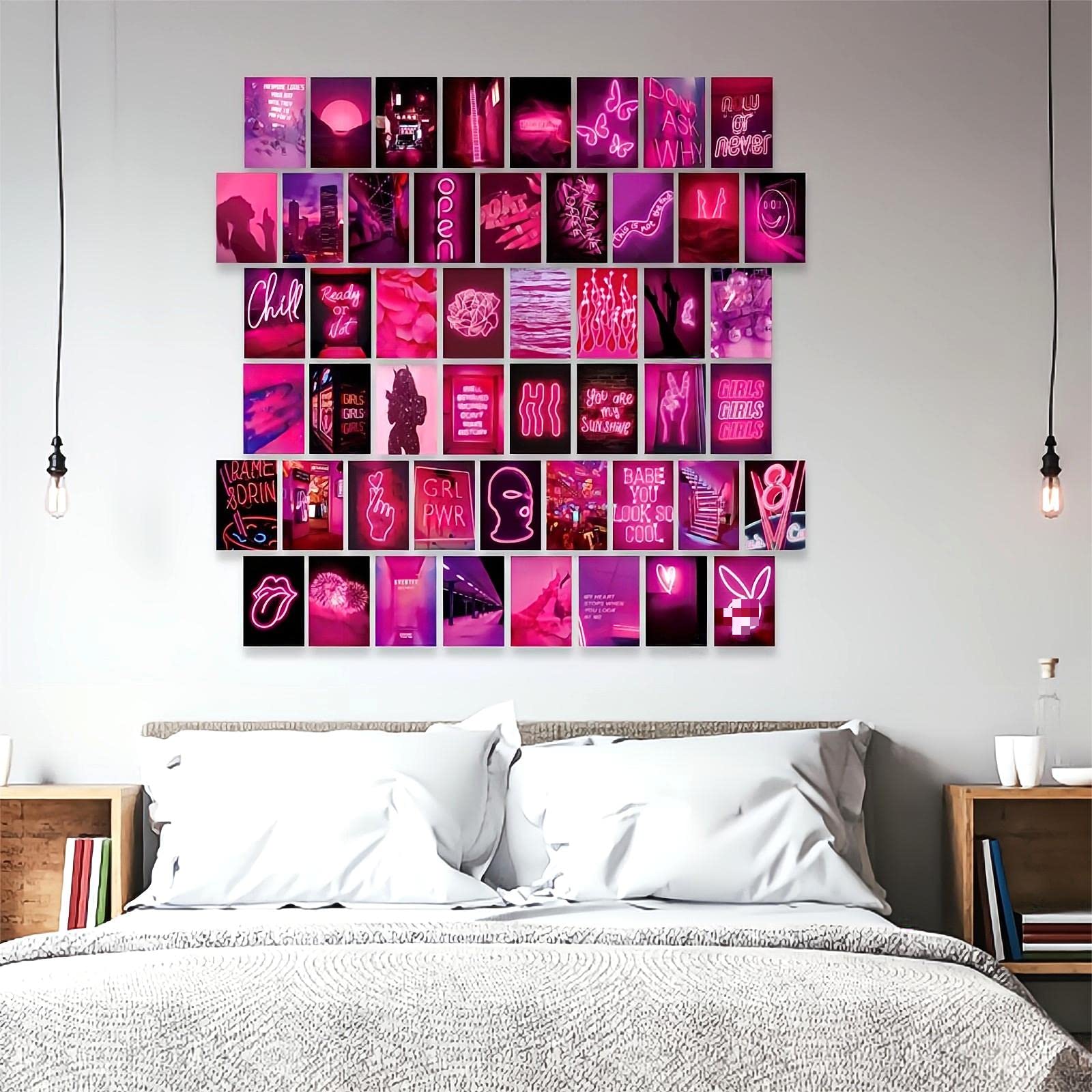 Lclaidydy 50 Pcs Wall Collage Kit Aesthetic Pictures, Pink Neon Room Decor Posters For Room Aesthetic, Dorm Photo Wall Decor For