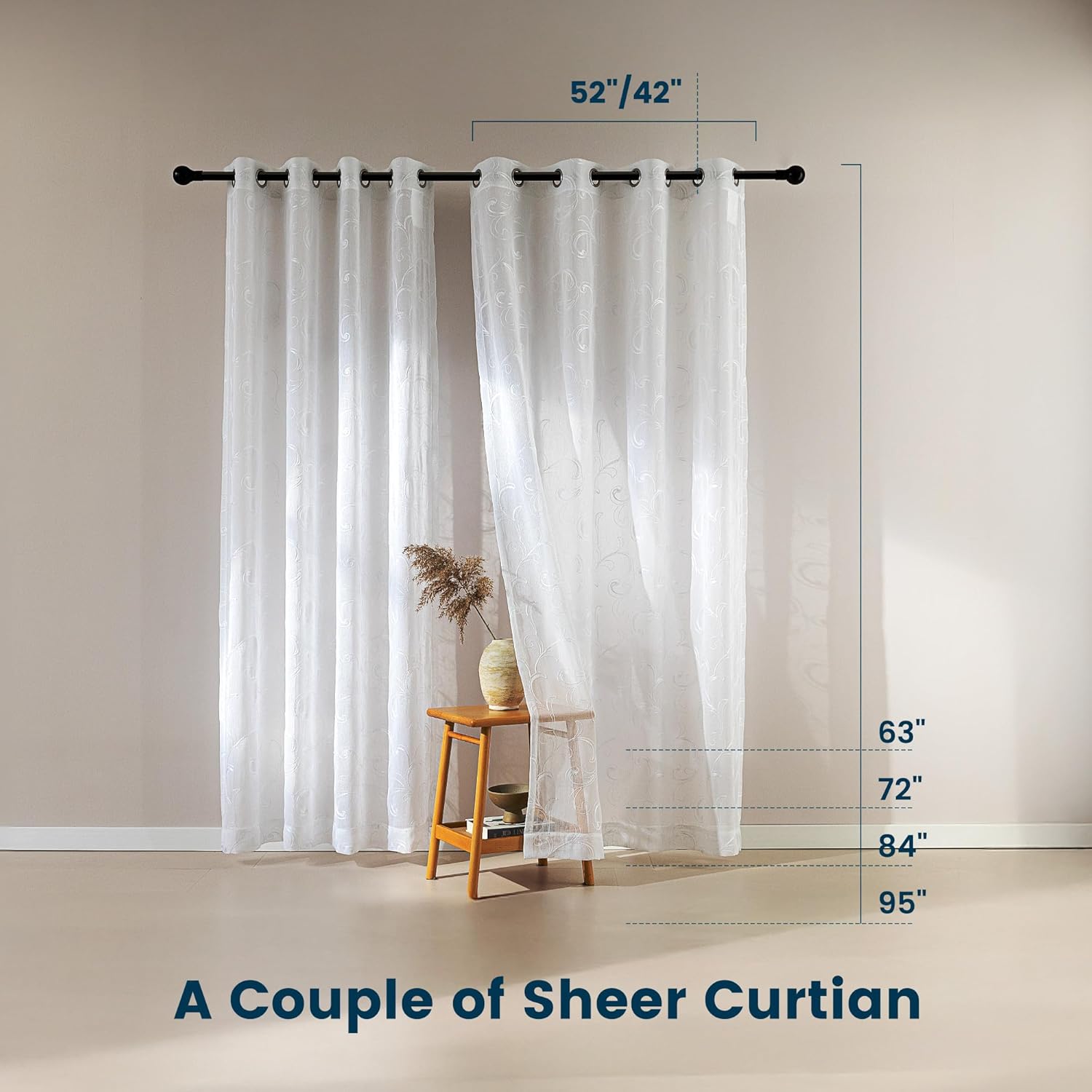 White Leaf Lightweight Washable Sheer Curtains for Living Room & Bedroom