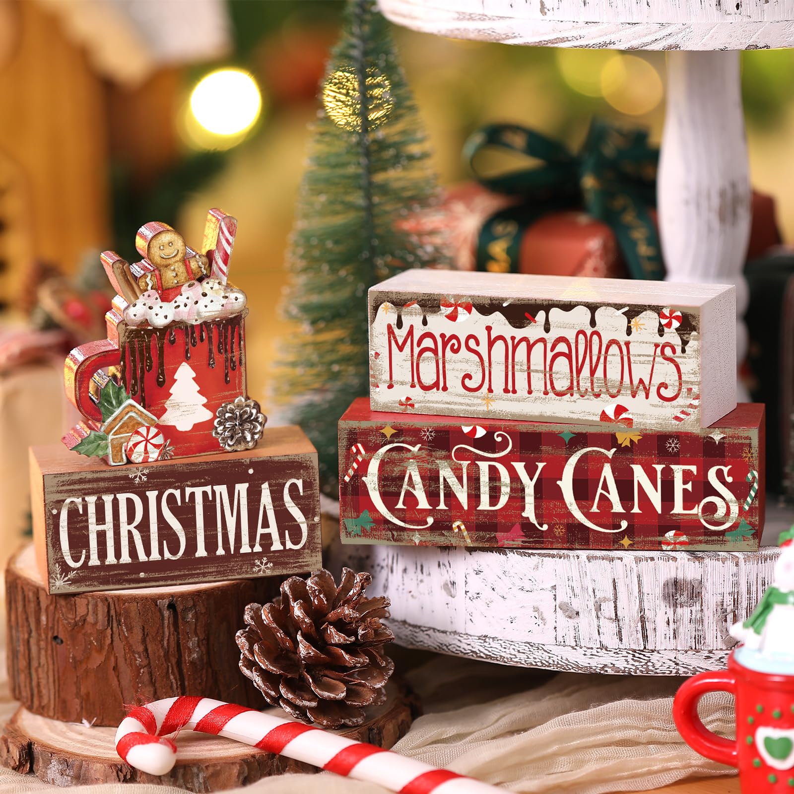 Moucuny 4 Pcs Christmas Hot Cocoa Table Decor Christmas Wooden Decorative Signage Hot Cocoa Tiered Tray Decor Xmas Centerpieces