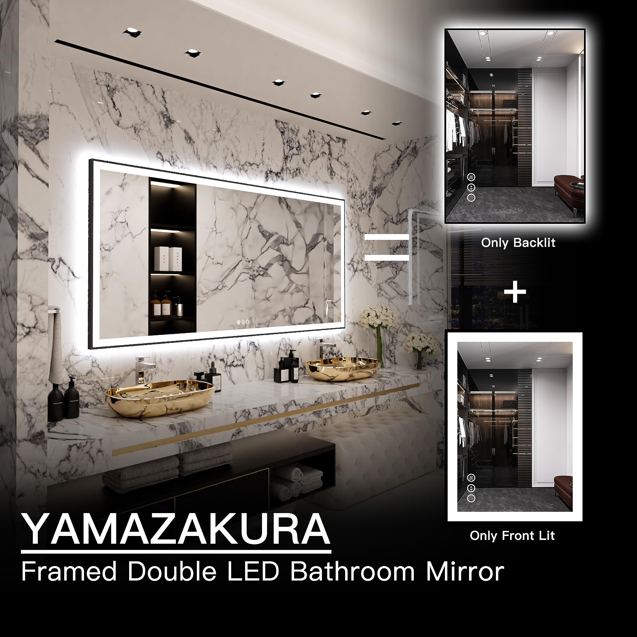 Yamazakura Large Light Bathroom Mirror 88X38 Backlit And Front Lighted Led Wall-Mounted Vanity Mirror Modern Rectangle Black Mir