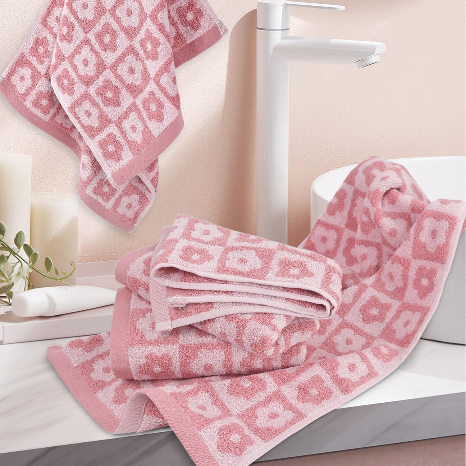 Jacquotha Cotton Hand Towels Pink Checkered Floral - Quick Drying Hand Towel Set Of 4, For Women Girls Wife, 29    X 13