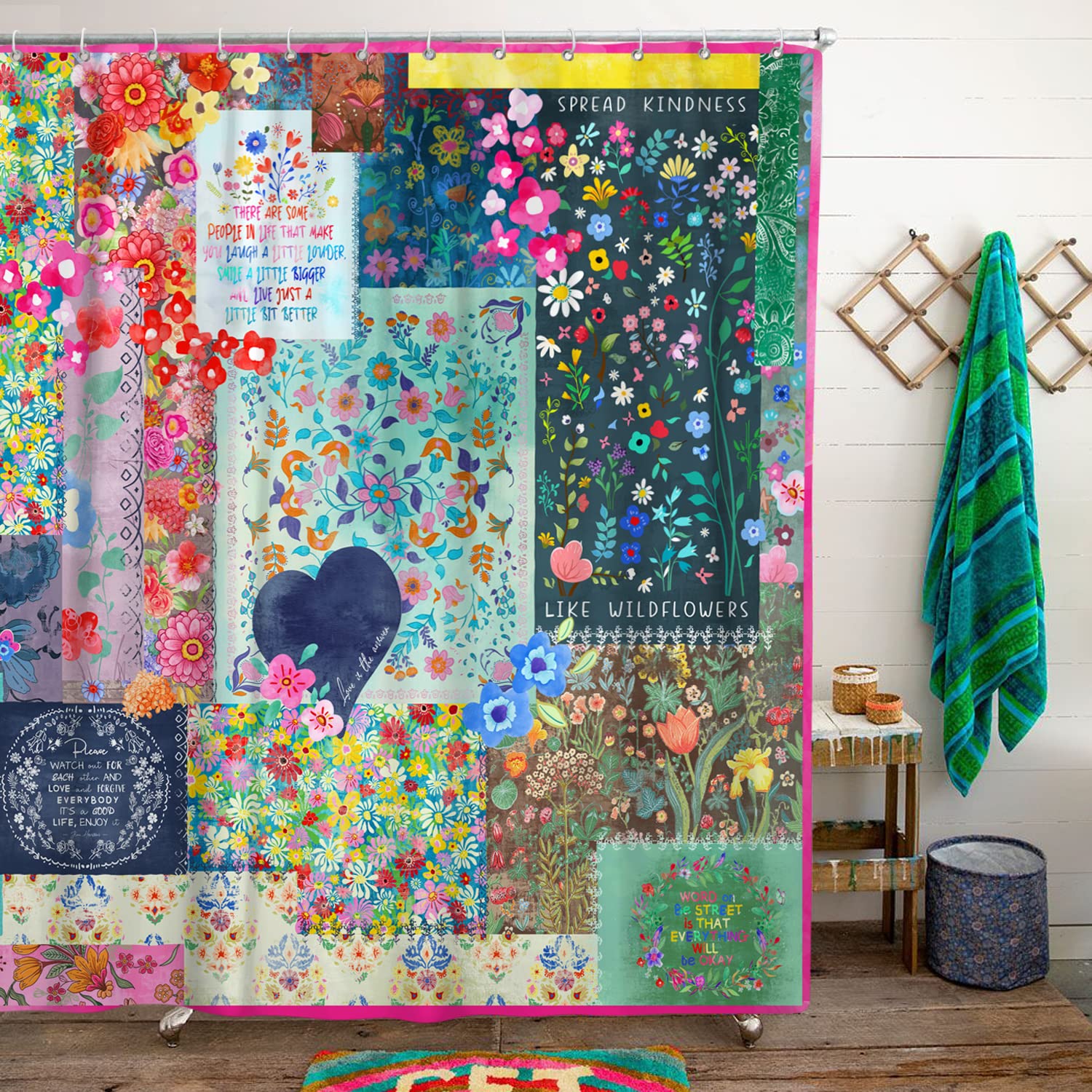 Boho Floral Shower Curtain For Bathroom,Patchwork Bohemian Retro Blue Colorful Flower Shower Curtain With Hooks,Polyester Fabric