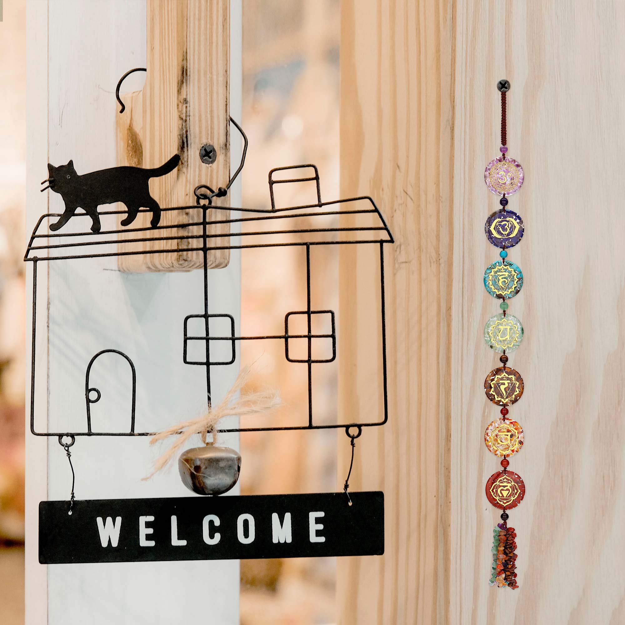 Top Plaza 7 Chakra Stones Hanging Ornament Chakra Symbols Healing Crystals Wall Decoration for Yoga Meditation