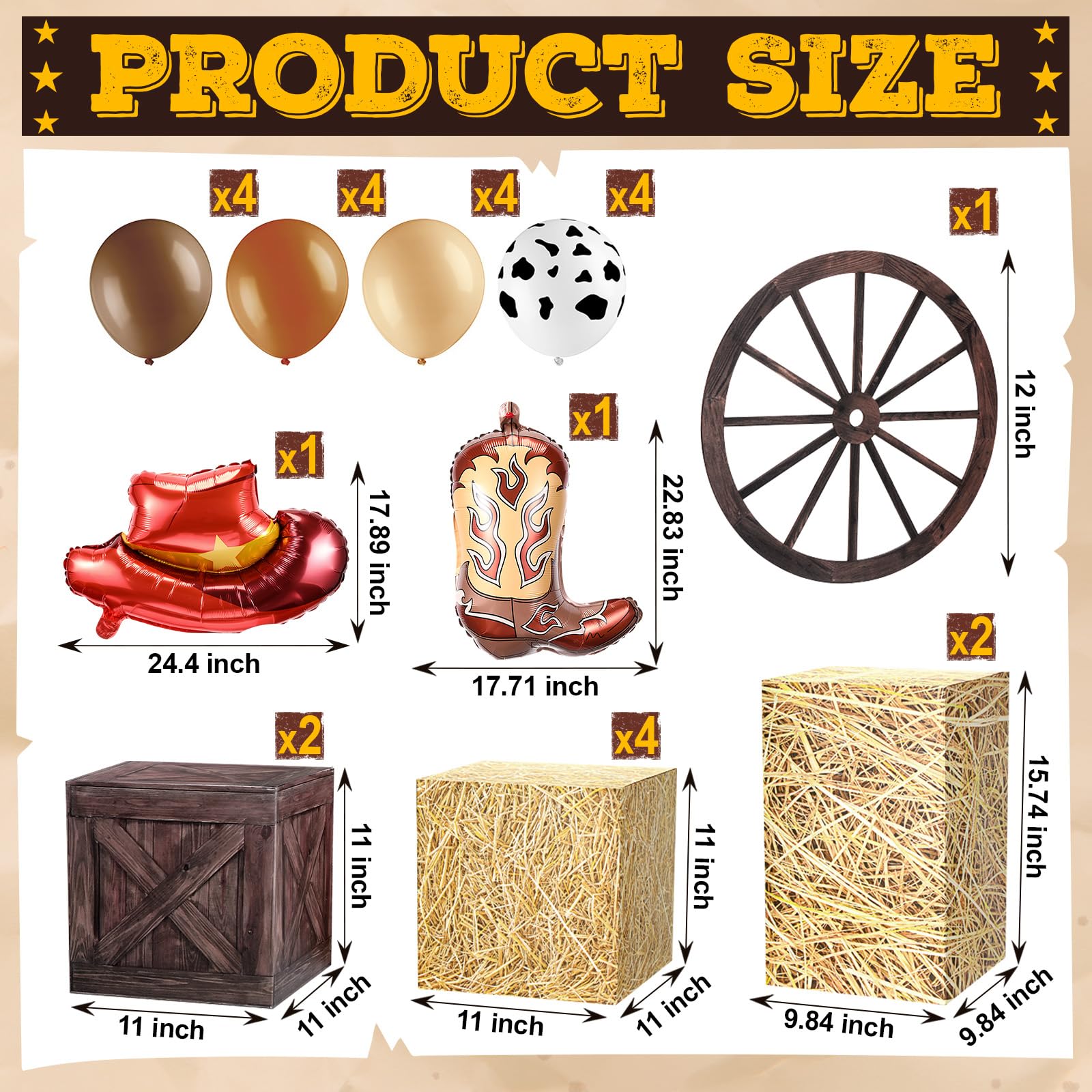 Hollowfly 27 Pcs Western Cowboy Party Decorations, Hay Bales Boxes Wood Grain Boxes Inflatable Cowboy Boot Hat Balloons Wheel Ce