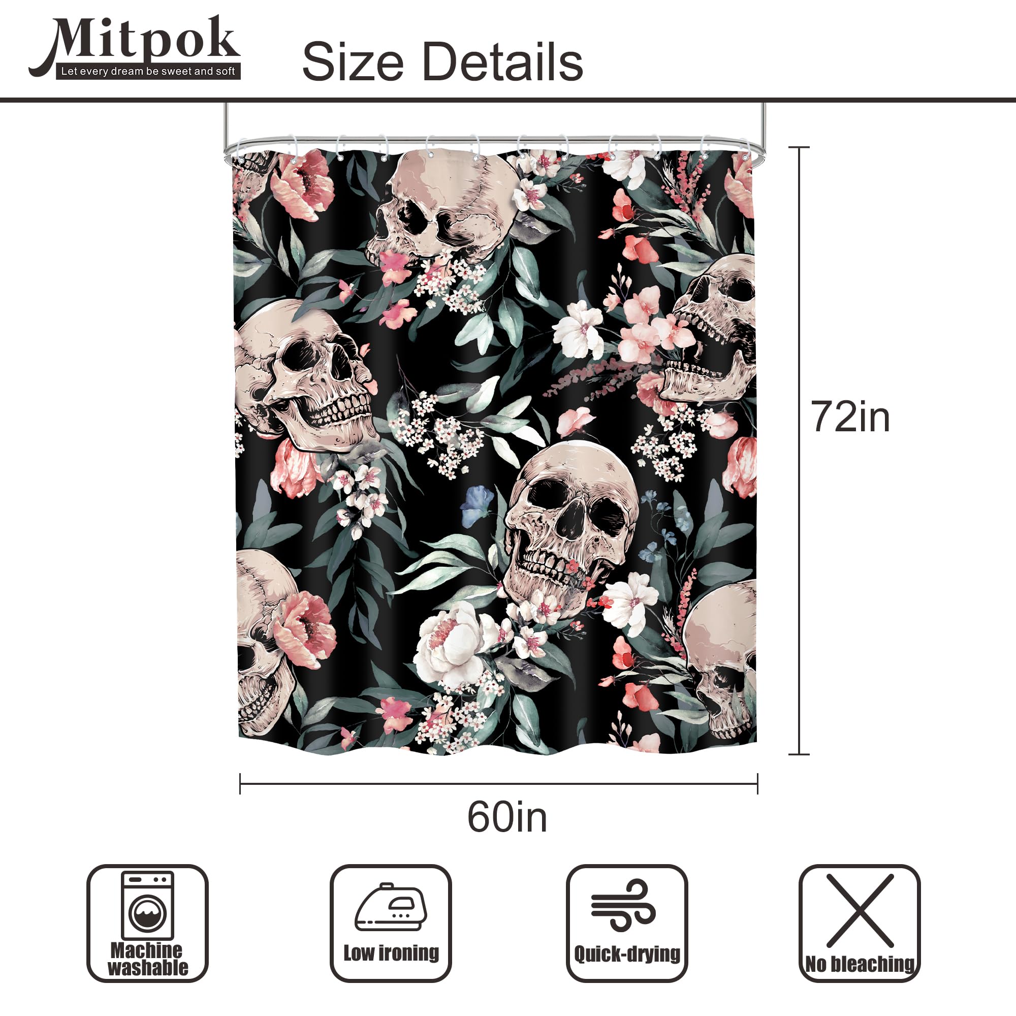 Mitpok Gothic Sugar Skull Shower Curtain 60Wx72H Skeleton Goth Retro Spooky Pink Flower Floral Halloween Plant Leaves Botanical