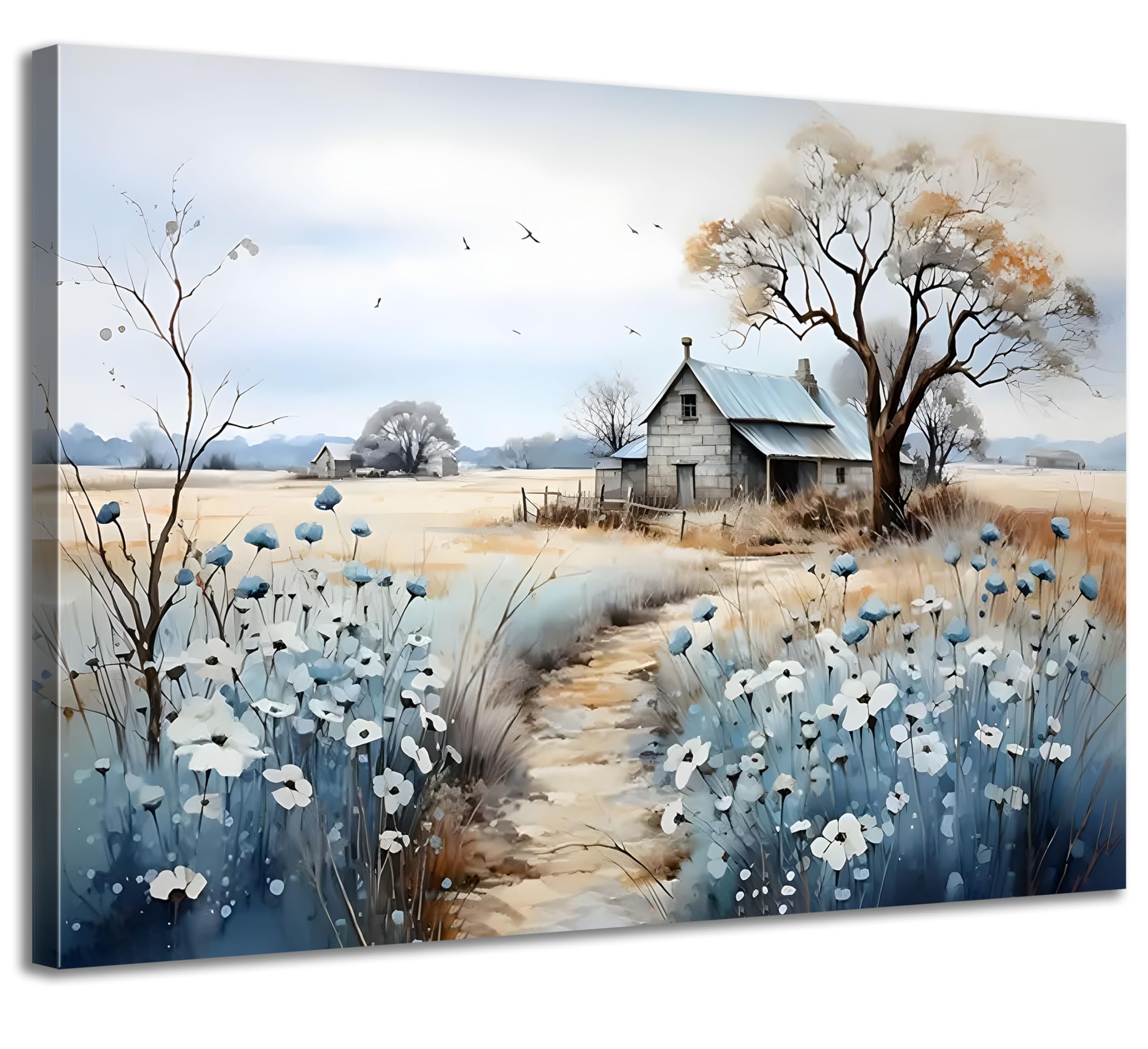 Framed Rustic Farmhouse Canvas Wall Art Beautiful Field Painting Wildflower Barn Print Nature Scenery Picture French Countryside