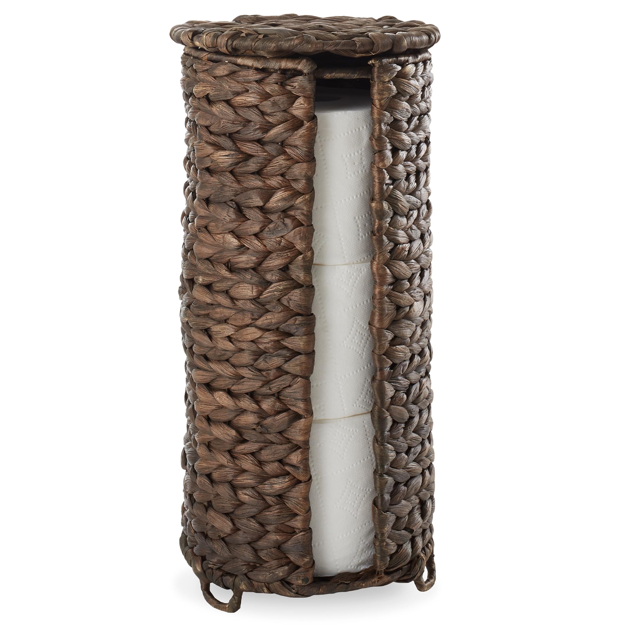 Casafield Free Standing Toilet Paper Storage Roll Holder with Lid - Espresso, Fits 3 Rolls, Water Hyacinth Bath Tissue Organizer
