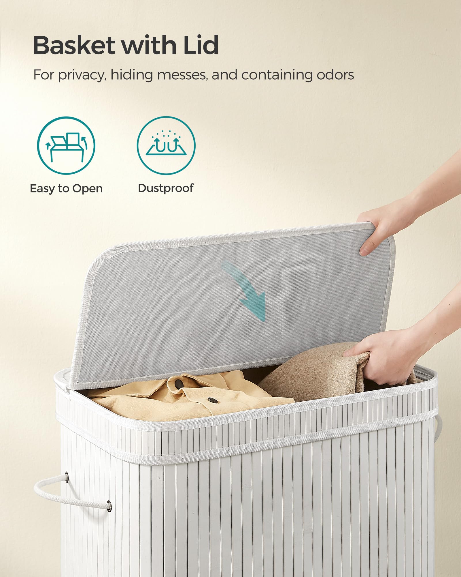 Songmics Laundry Hamper With Lid, Bamboo Laundry Basket, Removable Machine Washable Laundry Basket, With Handles, 26.4-Gallons,