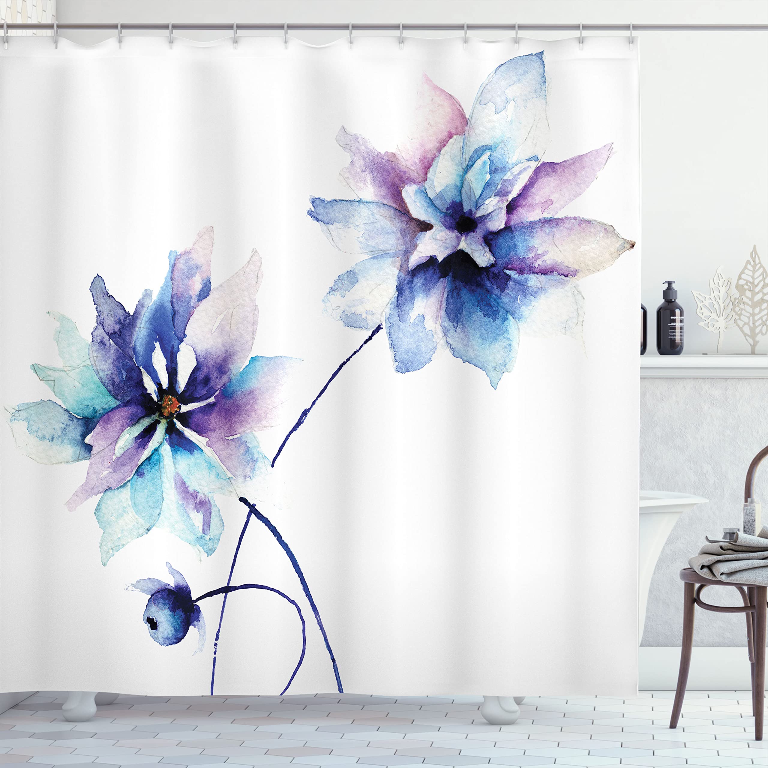 Ambesonne Watercolor Flower Decorative Shower Curtain Drawing Soft Spring Color Retro Style Floral Art Cloth Fabric Set With Hoo