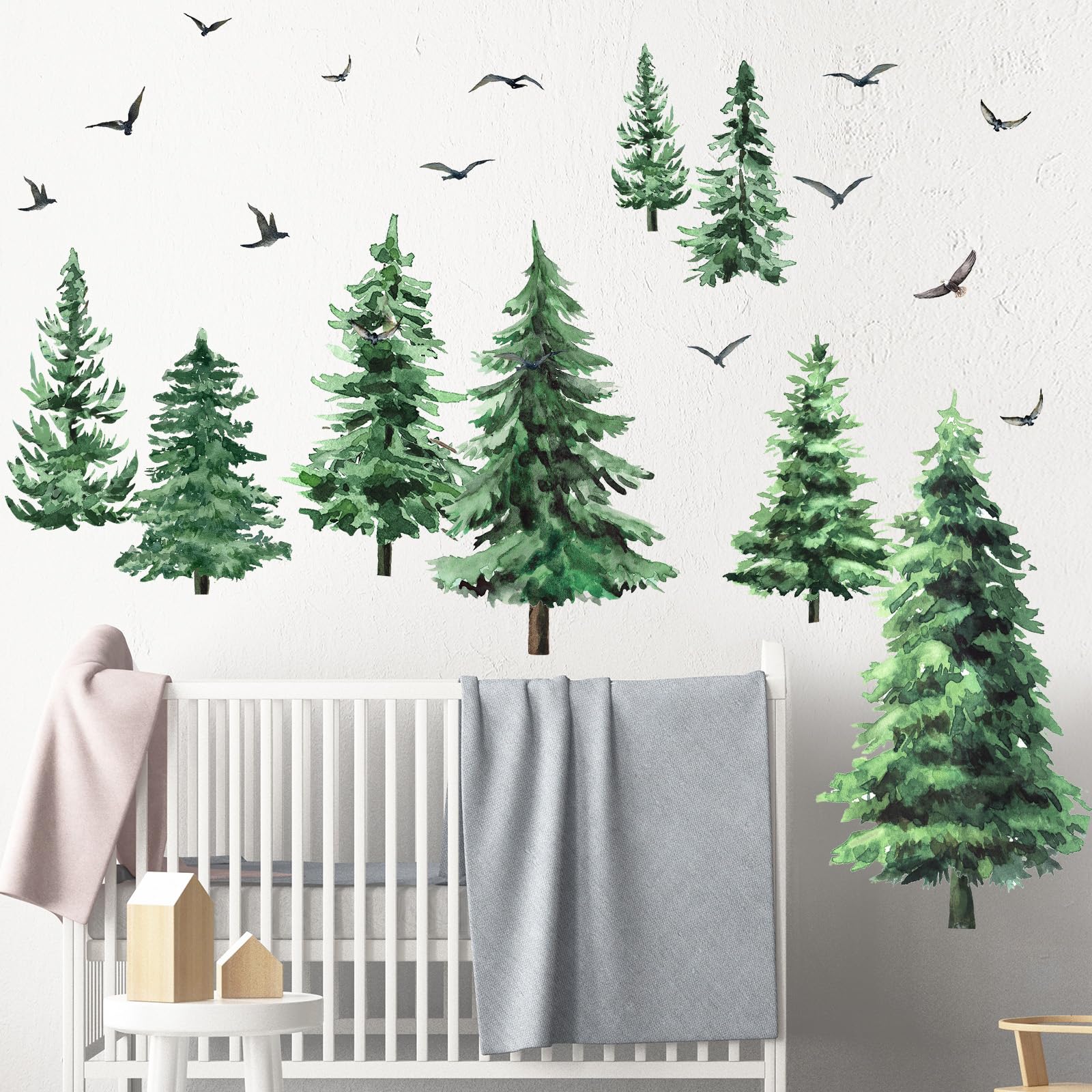 Qilery Watercolor Pine Tree Wall Decals Large Peel and Stick Forest Wall Decal Woodland Branch Birds Sticker Christmas Tree Stic