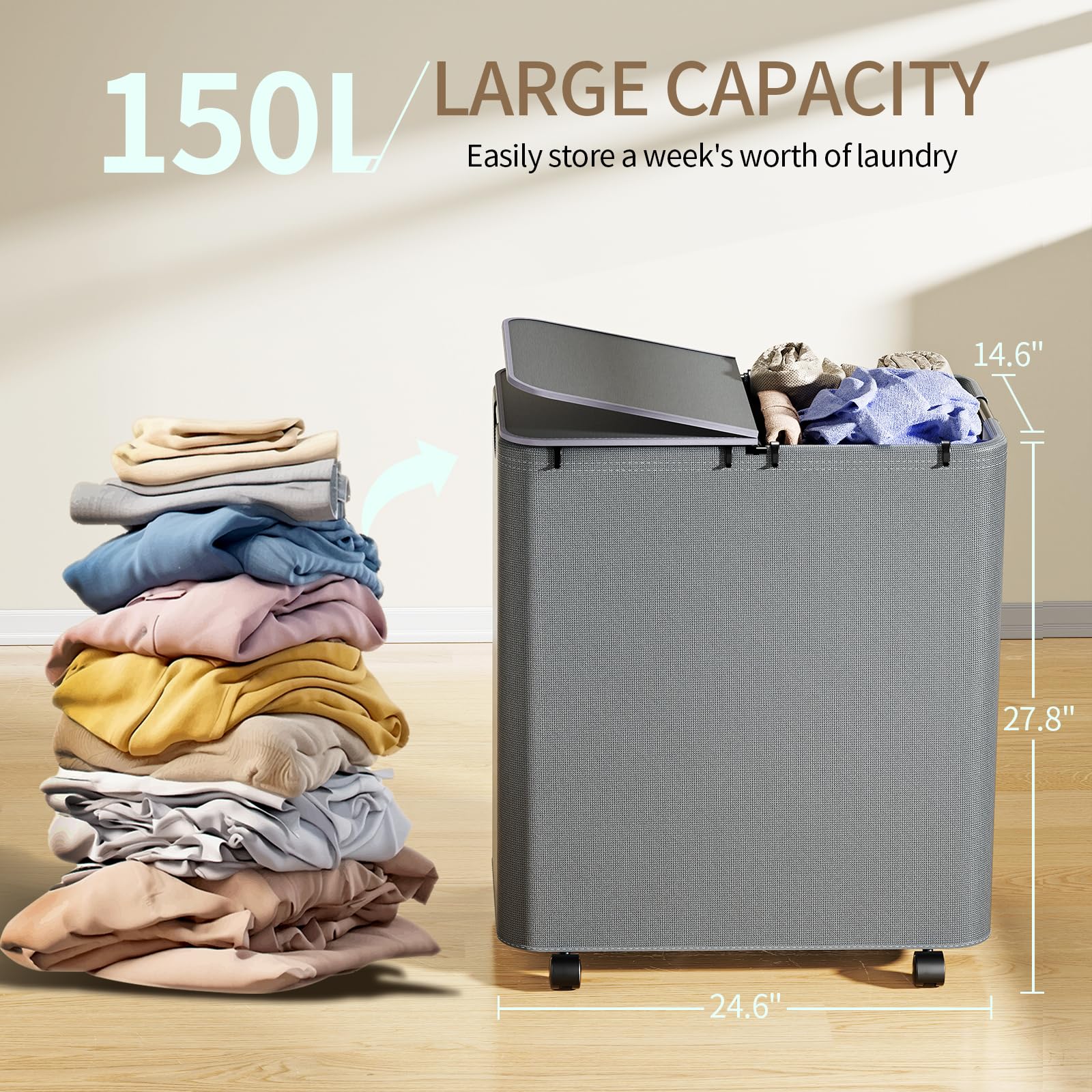 Yecaye 150L Laundry Hamper With Wheels, Rolling Laundry Basket With Lid And 2 Removable Laundry Bag, Large Capacity Clothes Hamp
