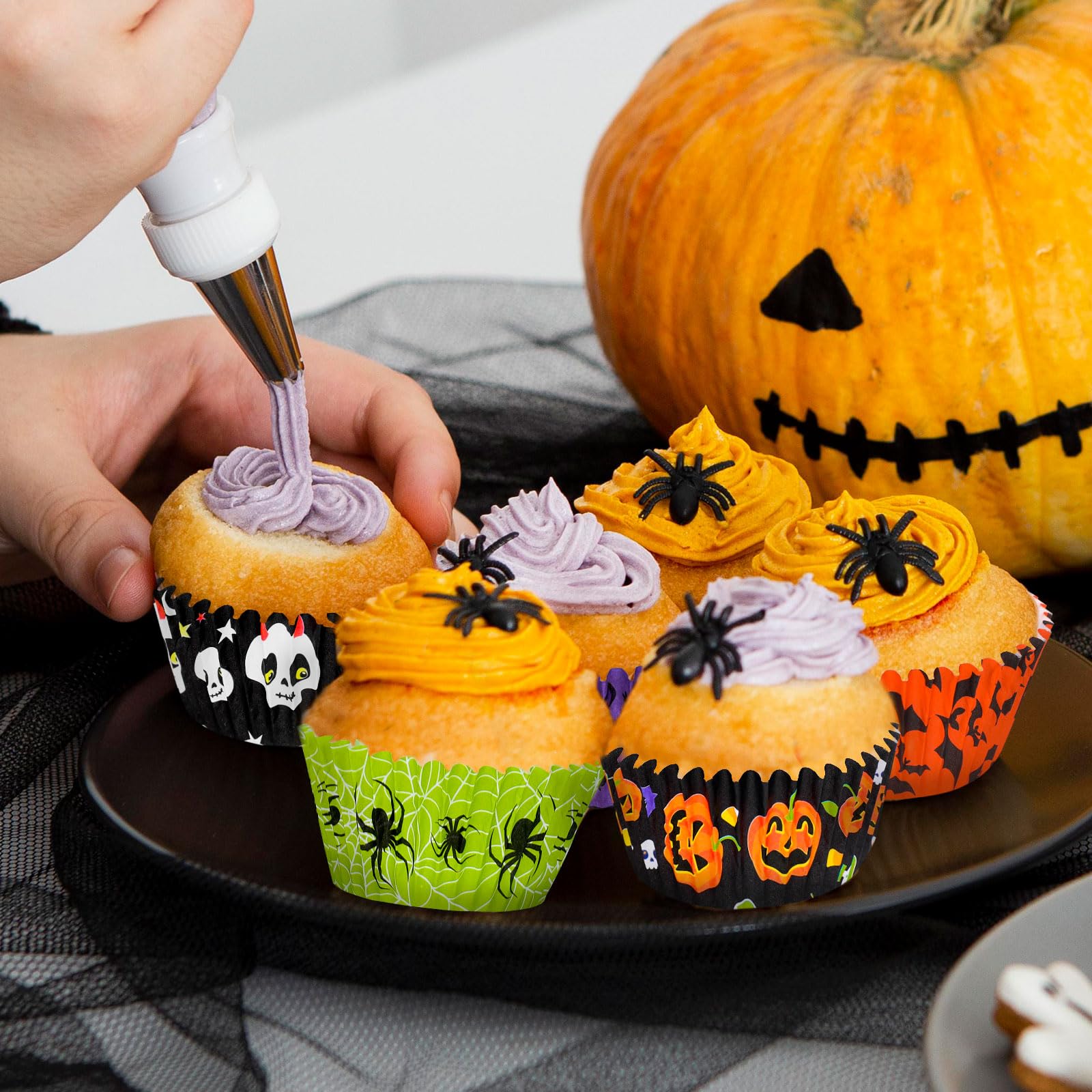 Whaline 600Pcs Halloween Cupcake Liners Pumpkin Witch Legs Bats Ghosts Spiders Skulls Cupcake Wrappers Baking Cups Holders Muffi