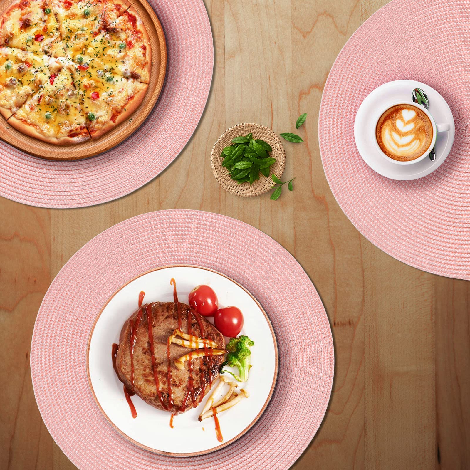 Funwheat Round Braided Placemats Set Of 6 Place Mats For Dining Tables Woven Washable Non-Slip Table Mats 15 Inch(Pink, 6Pcs)