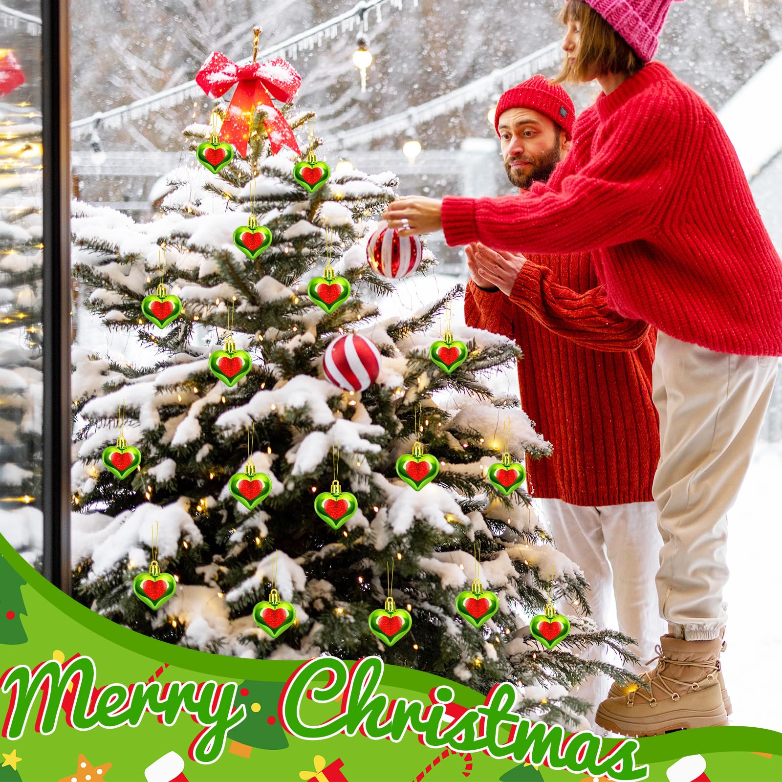 48 Pcs Christmas Green Heart Ornaments Green Heart Christmas Tree Hanging Ornaments for Xmas Tree Holiday Parties Decor