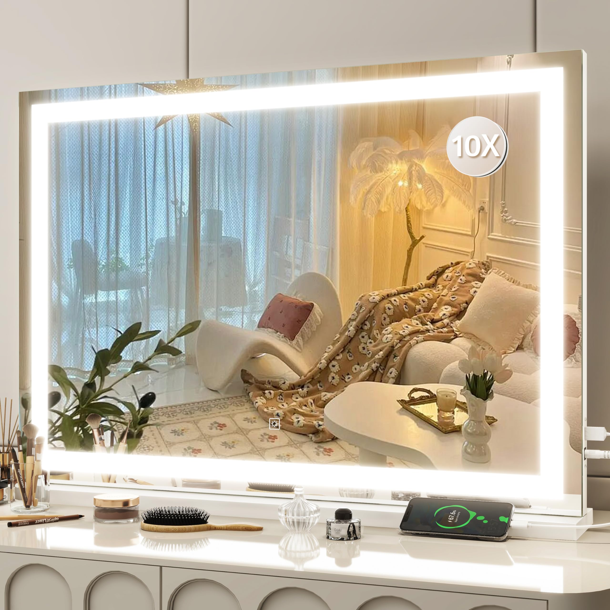 Fennio Vanity Mirror With Lights 32''X22'', Lighted Makeup Mirror, Large Vanity Mirror, Touch Sensor With 3-Color Lighting, 10X