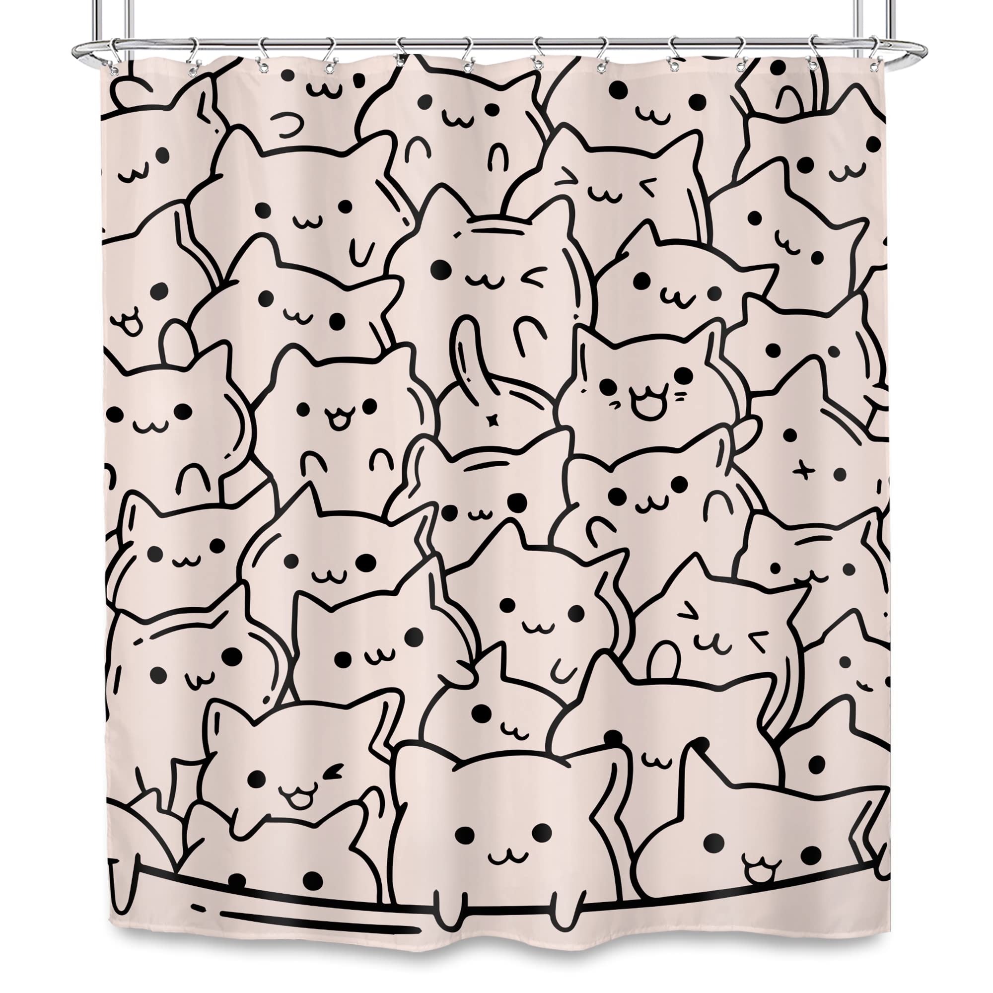 SVBright Funny Cats Shower Curtain 60Wx72L Inch Cute Pink Cartoon Kitty Kitten Animal Simple Line Humor for Kids Girls Lovely 12 Pack Hooks Polyester Waterproof Fabric Bathroom Bathtub Panels
