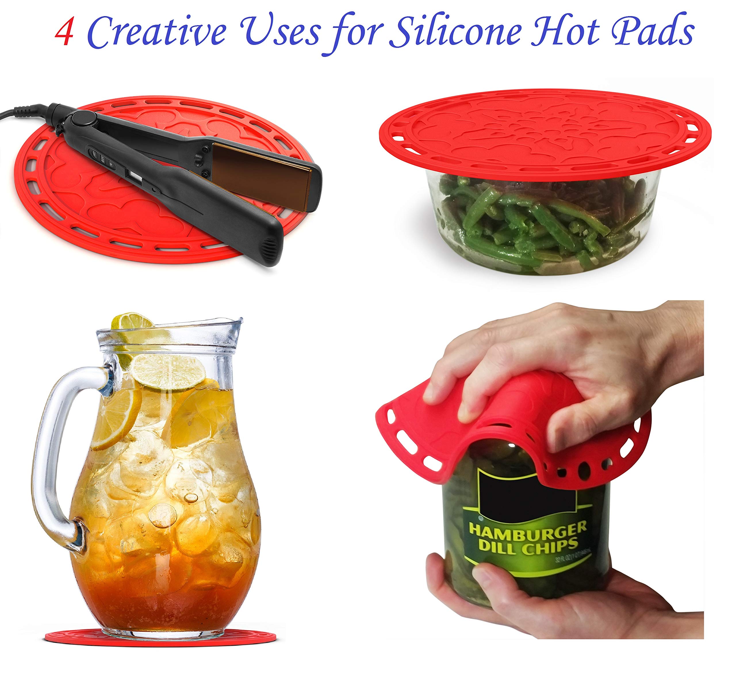 Silicone Hot Pads (Set Of 4) - 6 In 1 Multi-Purpose Kitchen Tool, Pot Holder, Splatter Guard, Microwave Cover, Jar Opener, Decor