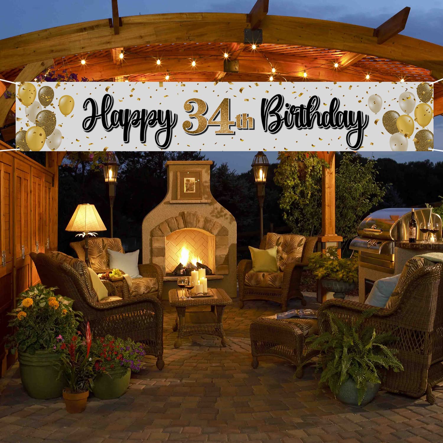 Laskyer Happy 34Th Birthday Decorations,34Th Gold Balloon Large Birthday Hanging Banner Sign,34 Years Old Bday Party Supplies.
