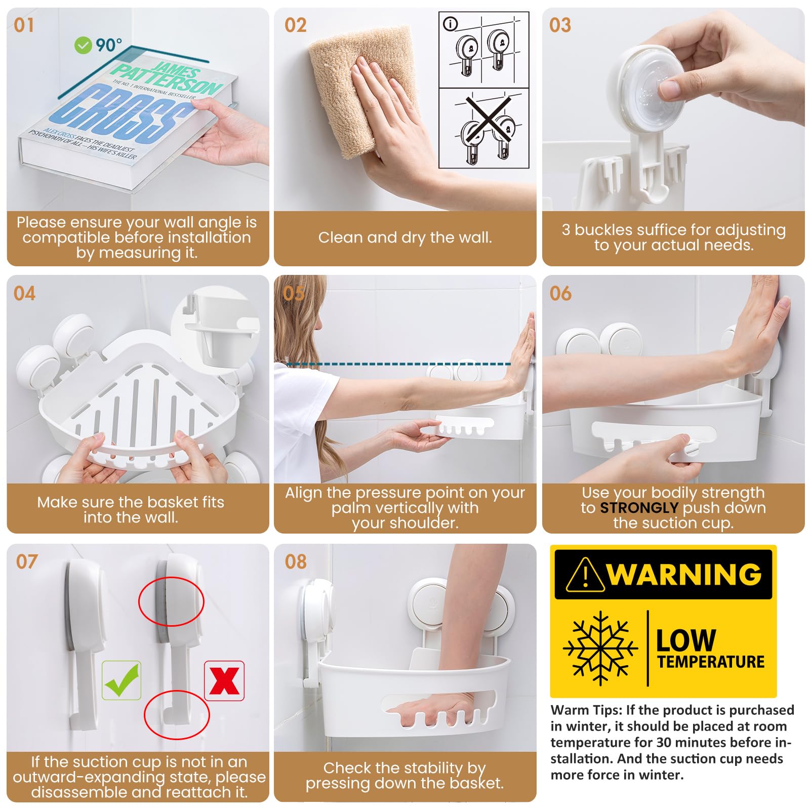 Leverloc Corner Shower Caddy Suction Cup, Shower Caddy Basket Powerful Suction Bathroom Shower Shelf Waterproof & Rustproof Orga