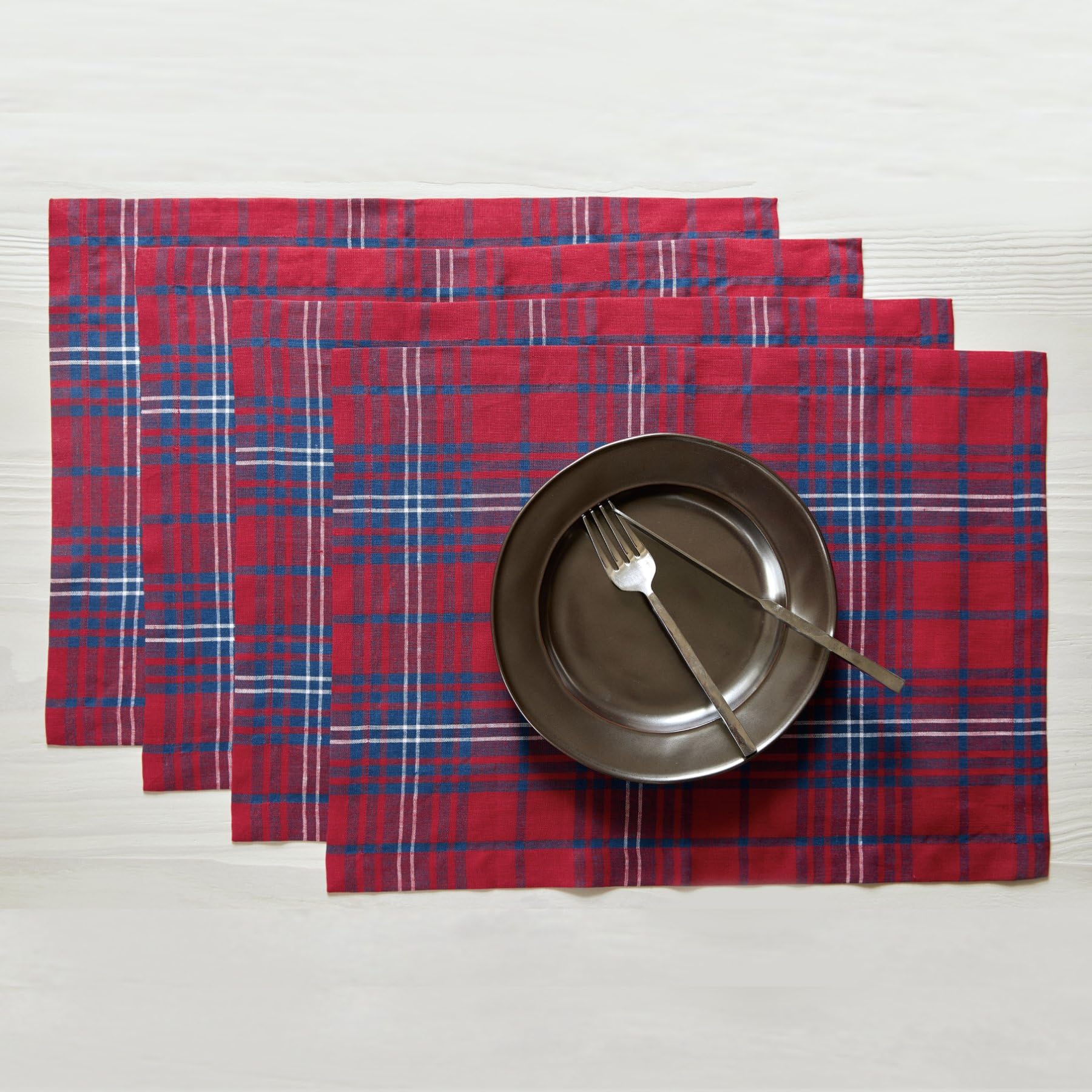 Solino Home Placemats Set Of 4-100% Pure Linen Red And Navy Tartan Plaid Cloth Placemats 19'' L X 14'' W Inch - Handcrafted And
