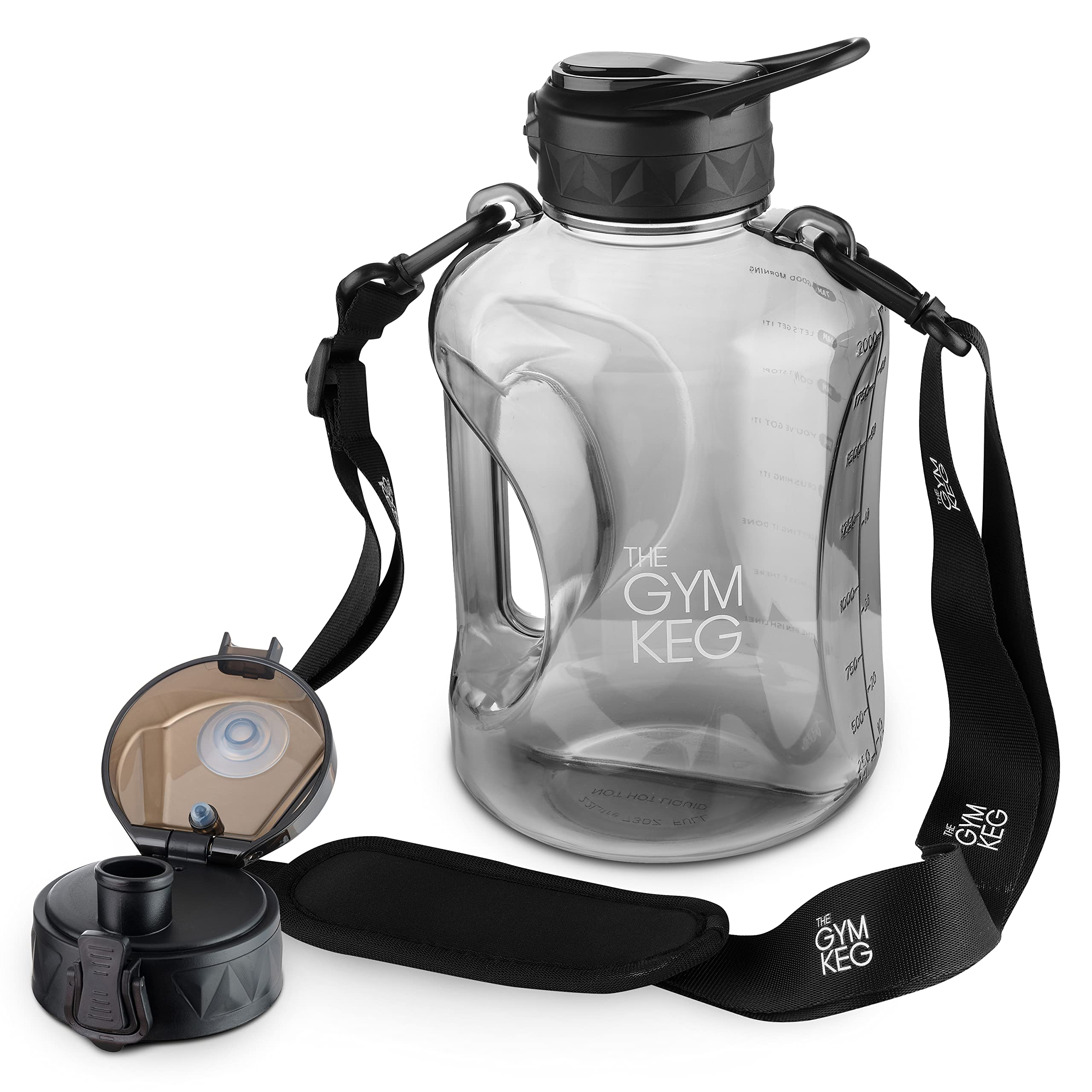 THE GYM KEG 74oz Half Gallon Water Bottle | Gym Bottle with Straw Lid, Carry Strap & Motivational Time Markings