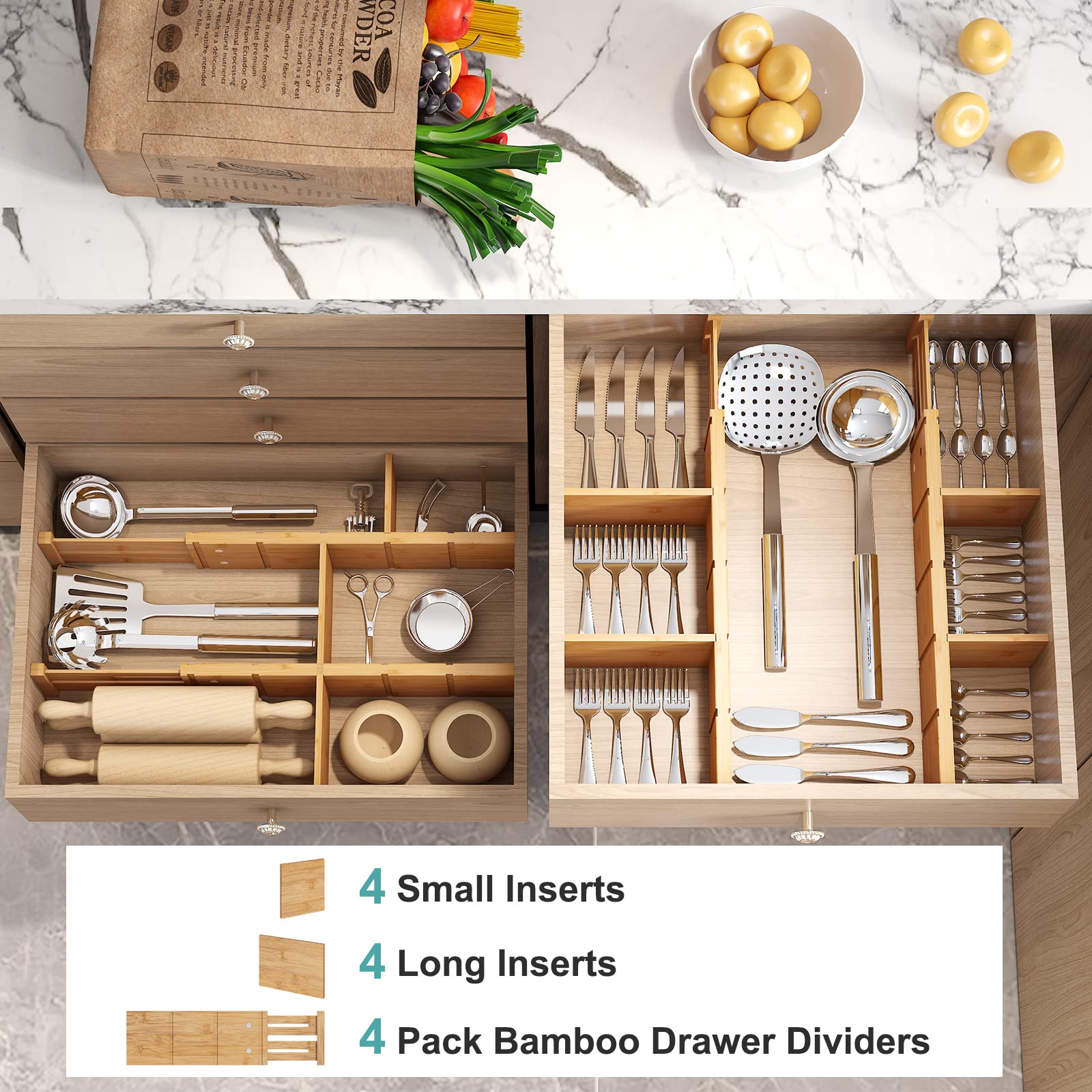 Vriccc 4.4'' High Bamboo Drawer Dividers with Inserts, Kitchen Adjustable Drawer Organizers, Expandable Organization for Home, O