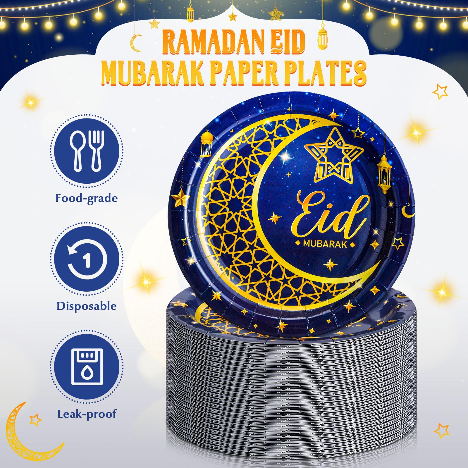 Silifine 100 Pcs Eid Al Adha Islamic Party Decorations Supplies Eid Adha Muslim Paper Plate Bulk 7 Inch Disposable Dessert Plate